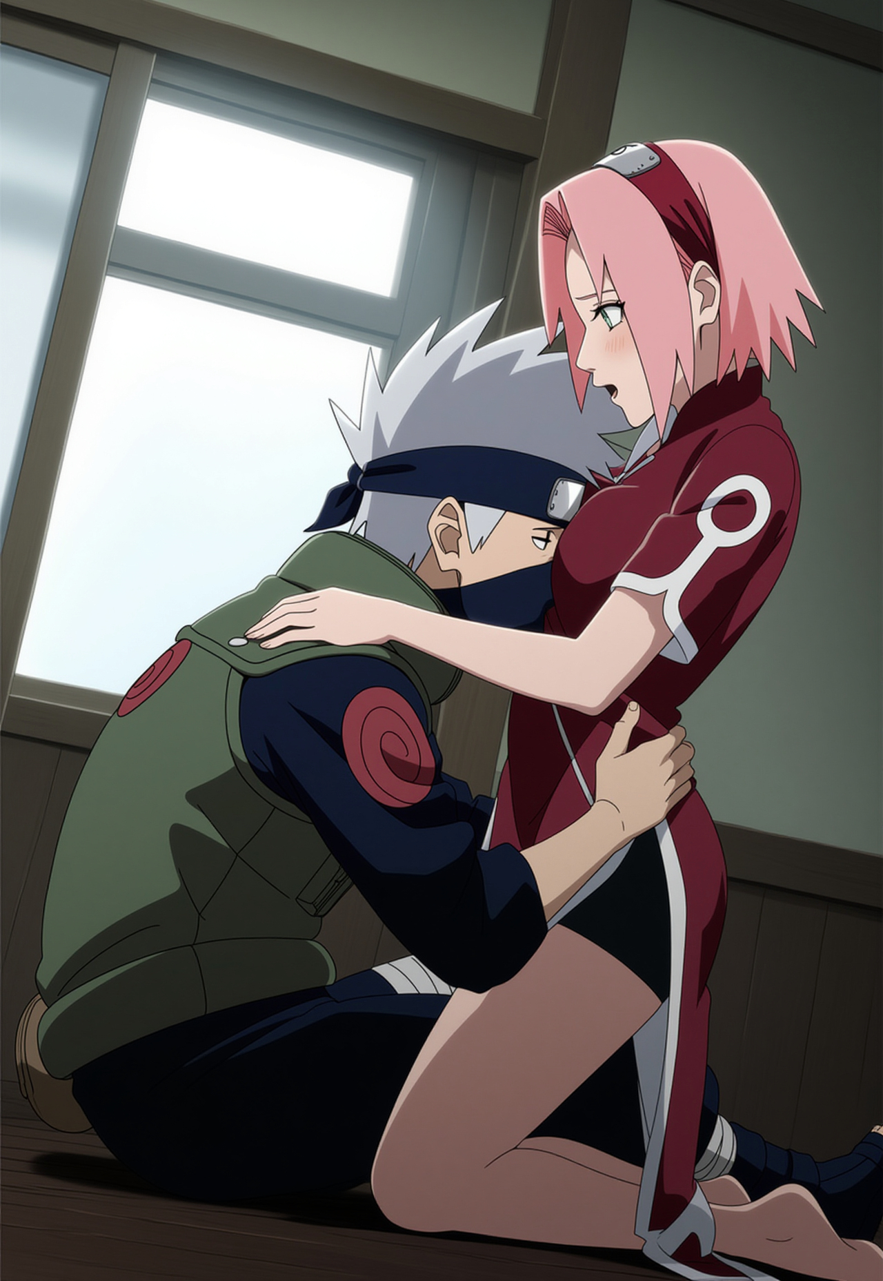 1boy, 1girls, adult, adult and teenager, age difference, ai generated, before sex, bottomless female, breast grab, breasts, china dress, chinese clothes, cuddling, duo, embarrassed, female, grabbing, hatake kakashi, legs together, male, mask, naruto, naruto (series), naruto shippuden, nipples, older male, pants, pink hair, sakura haruno, sakura haruno (genin), short hair, shoulder length hair, straddling, teacher and student, teenager, vest, wariza, watermark, younger female, zzz7