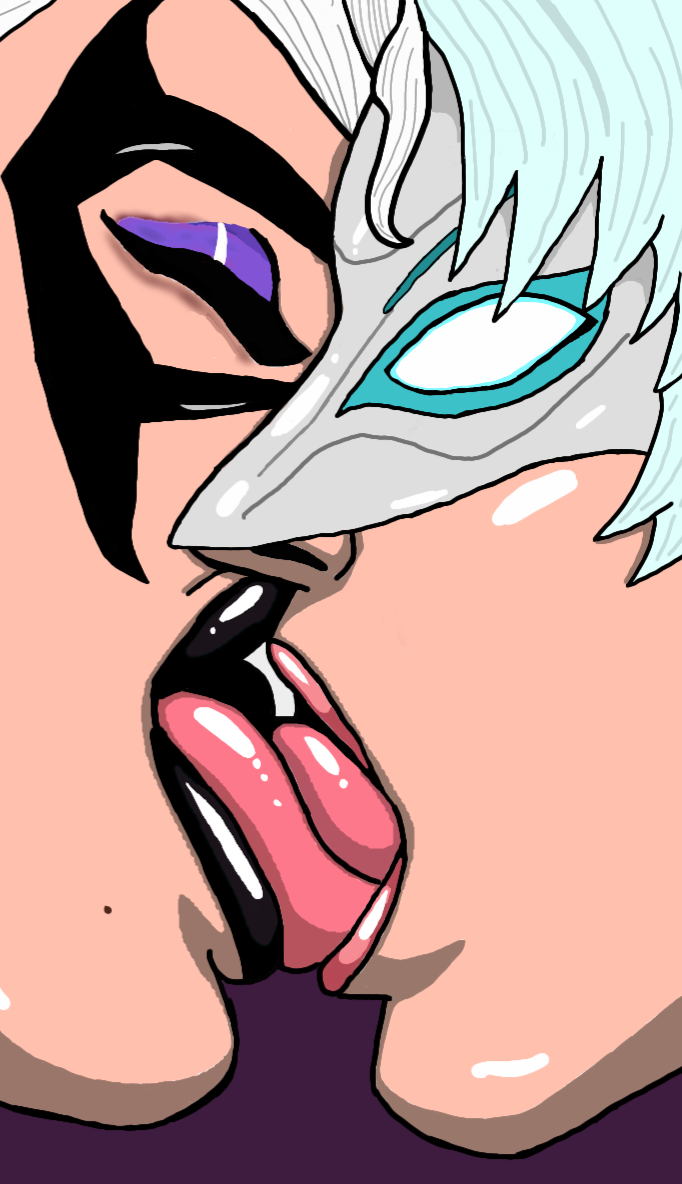 2026, 2d, 2girls, ami han, black cat (marvel rivals), black cat (marvel), black lipstick, felicia hardy, french kiss, kaywest, kissing, lesbian kiss, marvel, marvel comics, marvel rivals, mask, masked, masked female, spider-man (series), tongue kiss, white fox (marvel rivals), white fox (marvel), yuri