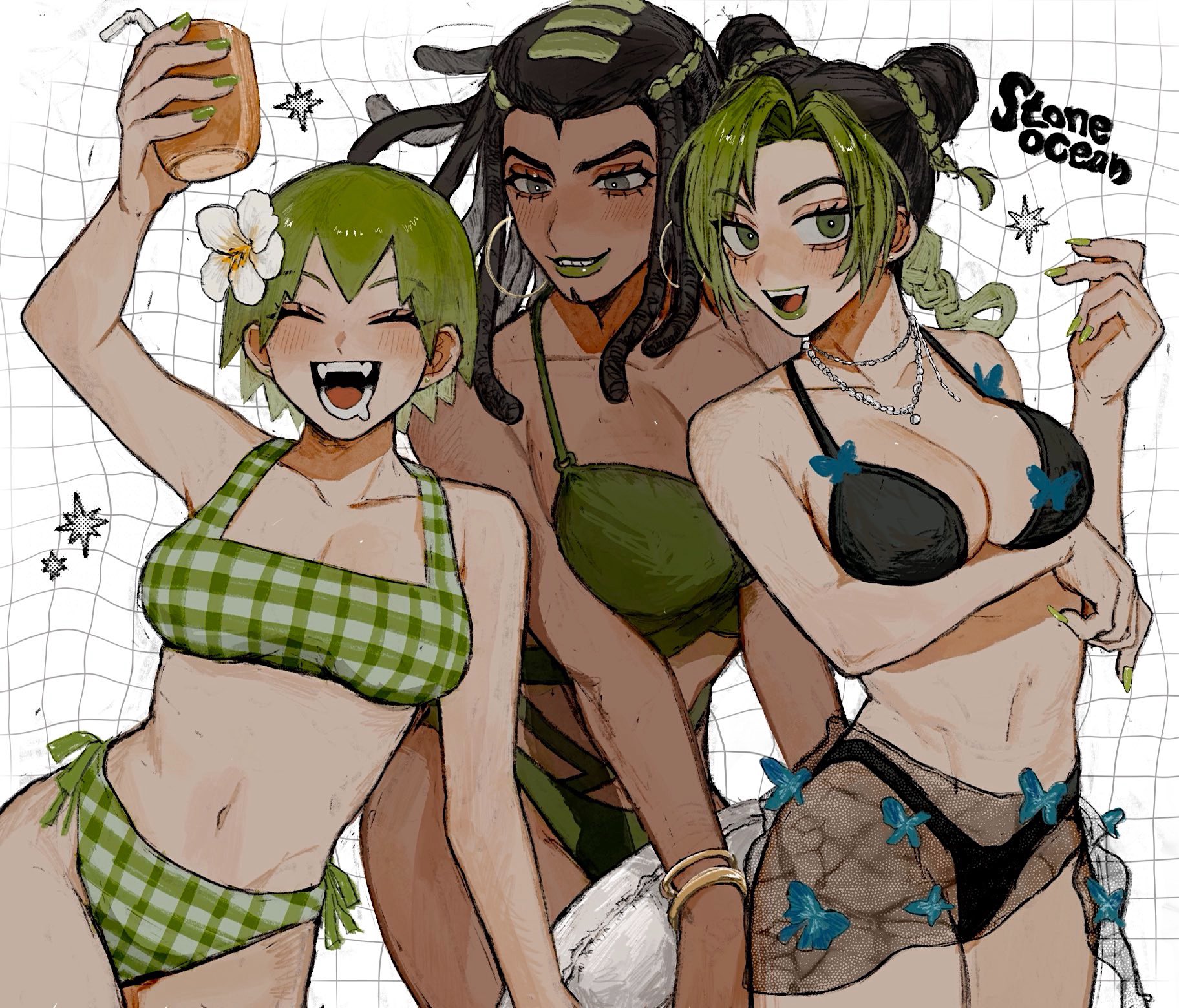 3girls, bikini, black hair, braid, braided ponytail, closed eyes, dark skin, double bun, dreadlocks, earrings, ermes costello, flower, foo fighters, green eyes, green hair, green lips, green nails, grey eyes, hair bun, hair flower, hair ornament, highres, hoop earrings, jewelry, jojo's bizarre adventure, jolyne kujo, looking at viewer, multicolored hair, multiple girls, nail polish, necklace, neg 50asu, open mouth, smile, stone ocean, swimsuit