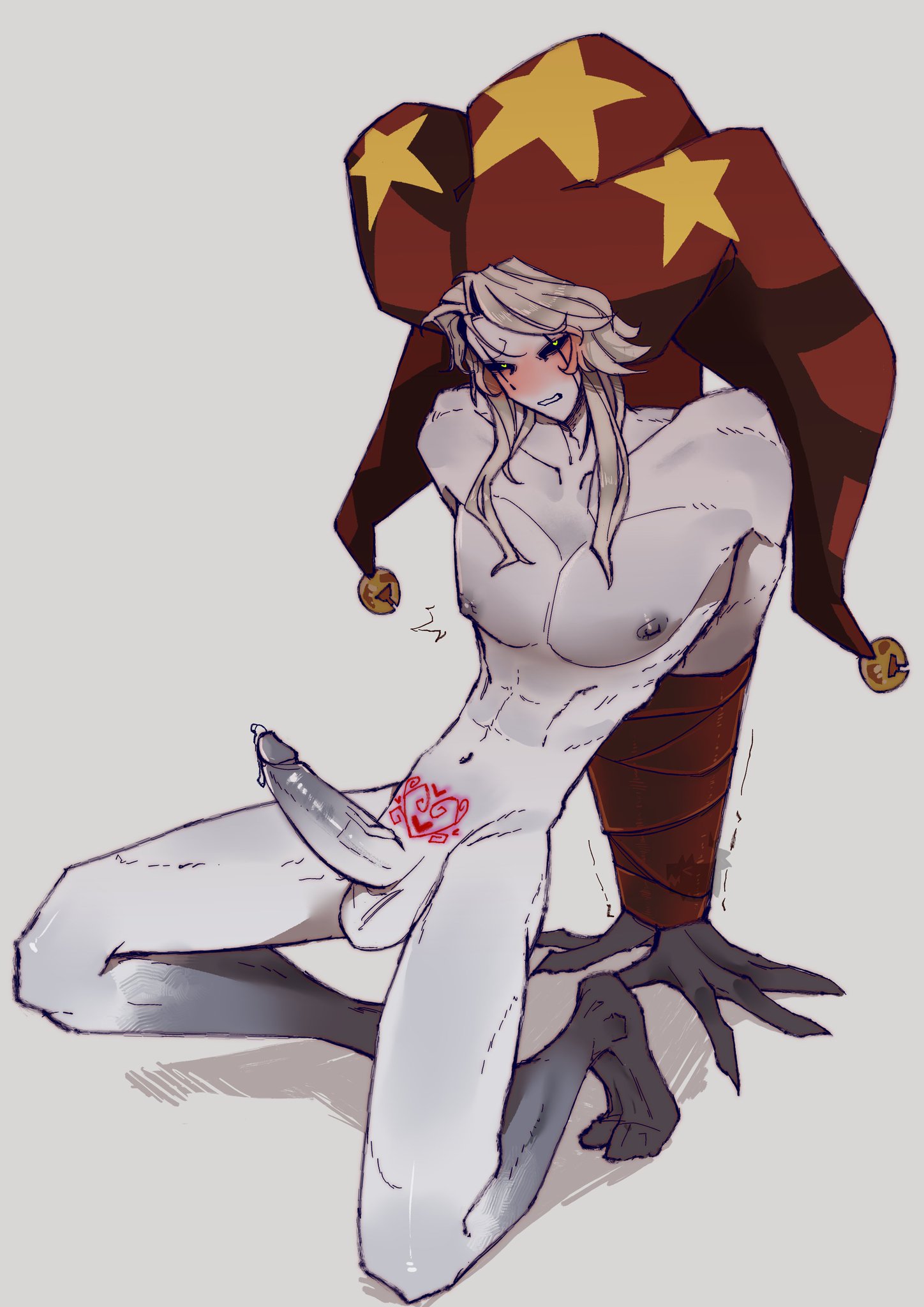 1boy, abs, aggressivedog01 (artist), arms behind back, bell, bells, black feet, black hands, black sclera, blush, bound, bound arms, bound wrists, clawed fingers, claws, cock, green eyes, hat, hat only, jester, jester cap, jester hat, leaking precum, long hair, male, male only, motion lines, muscular, muscular male, naked, naked male, nude, nude male, on floor, on ground, pecs, penis, pierrot (the freak circus), precum, precum bubble, precum drip, precum on penis, pubic tattoo, shaking lines, sitting, small waist, solo, star, star (symbol), straight hair, tattoo, tfc, the freak circus, white hair, white skin