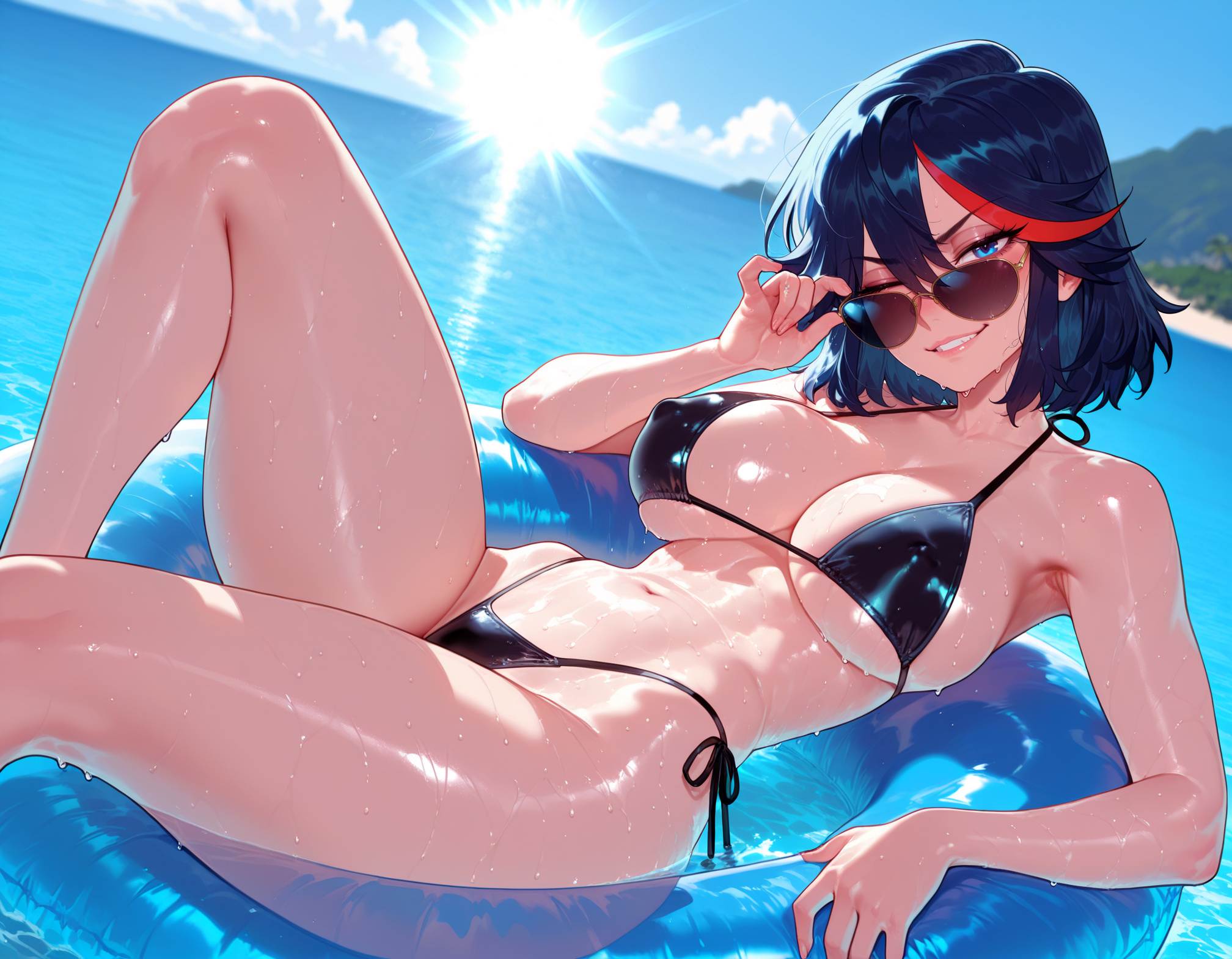 1girls, adjusting eyewear, afloat, ai generated, alternate breast size, balecxi, bangs, bare arms, bare legs, bare shoulders, beach, bikini, bikini bottom, black bikini, black hair, black swimsuit, blue eyes, blue sky, blurry background, blush, breasts, cleavage, clothing, cloud, collarbone, covered nipples, curvaceous, curvaceous female, curvaceous figure, curvy, curvy figure, day, dutch angle, feet out of frame, female, female focus, female only, fingernails, grin, hair between eyes, halterneck, hand on eyewear, highleg, highleg bikini, horizon, innertube, inviting, inviting to sex, kill la kill, knee up, large breasts, lips, looking at viewer, looking over eyewear, lying, matoi ryuuko, multicolored hair, nail polish, navel, ocean, on back, one eye closed, outdoors, parted lips, presenting, presenting ass, presenting breasts, presenting hindquarters, presenting pussy, presenting self, red hair, seductive, seductive look, seductive smile, shiny clothes, shiny skin, short hair, side-tie bikini bottom, side-tie clothing, side-tie swimsuit, skindentation, sky, smile, solo, stomach, strap gap, streaked hair, string bikini, sun, sunglasses, sunlight, swim ring, swimsuit, tan, tanlines, teeth, thighs, tinted eyewear, two-tone hair, underboob, v-shaped eyebrows, voluptuous, voluptuous female, water, wet, wet swimsuit