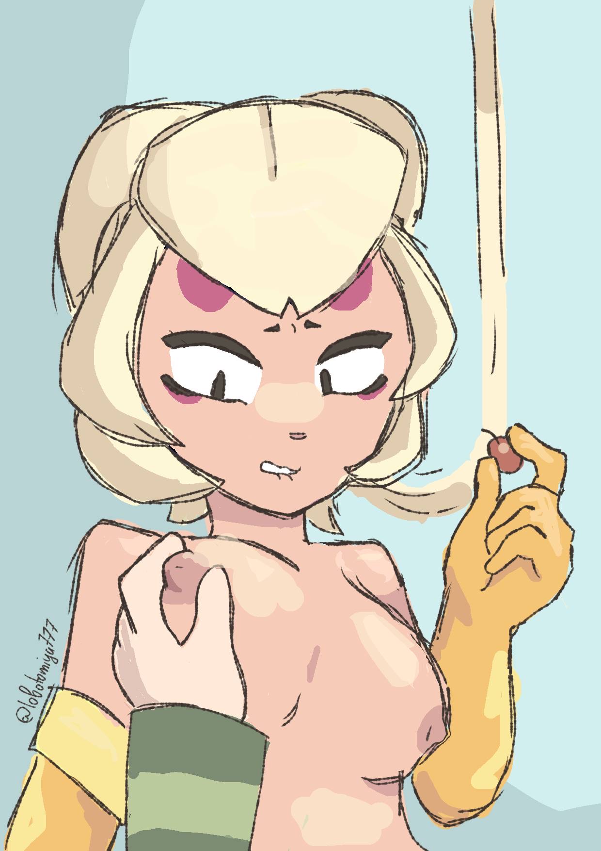artist request, biting lip, biting own lip, blonde female, blue background, brawl stars, breasts, charlie (brawl stars), cherry, gloves only, gus (brawl stars), nipples, pinch, pinching nipples, squeezing breast, supercell, tagme