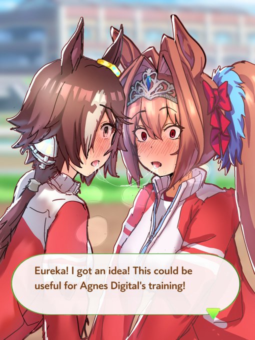 2d, 2female, blush, caption, daiwa scarlet (umamusume), desuuuu, female, female only, horse ears, horse girl, kissing, looking at viewer, saliva, saliva string, suprised, umamusume, umamusume pretty derby, vodka (umamusume), yuri
