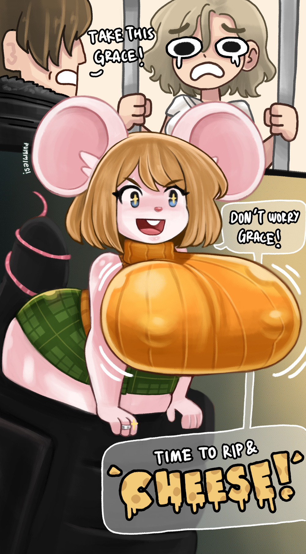 1boy, 2d, 2d (artwork), 2girls, anthro, ashley graham, big breasts, big ears, big eyes, big thighs, biohazard, blonde hair, blue eyes, breasts, breasts bigger than head, capcom, crying, digital drawing (artwork), digital media (artwork), drawing, drawn, ear, english, english text, female, female focus, grace ashcroft, hand on thigh, huge breasts, huge ears, huge thighs, leon scott kennedy, male, miniskirt, mouse, moushley, nipples, nipples visible through clothing, orange sweater, pummies, resident evil, resident evil 4, resident evil 9: requiem, round ears, round eyes, sad, short hair, size difference, star eyes, text, thick thighs, thighs, white shirt
