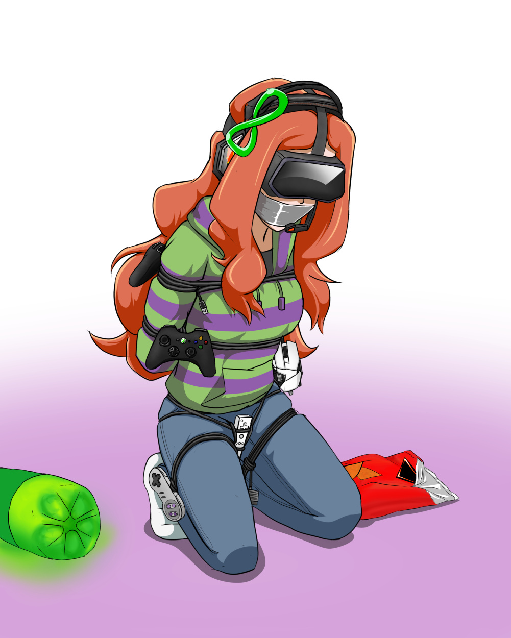 1girls arms_behind_back bondage bottle bound clothed clothing controller controller_masturbation cords d-mizton duct_tape electronics female female_only femsub fully_clothed gag gagged game_controller gaming headphones human jacket kneeling long_hair nintendo orange_hair pale_skin pants playstation restrained sensory_deprivation soda_bottle solo tape tape_gag taped_mouth tied_up vibrator vivian_james vr_headset wiimote xbox