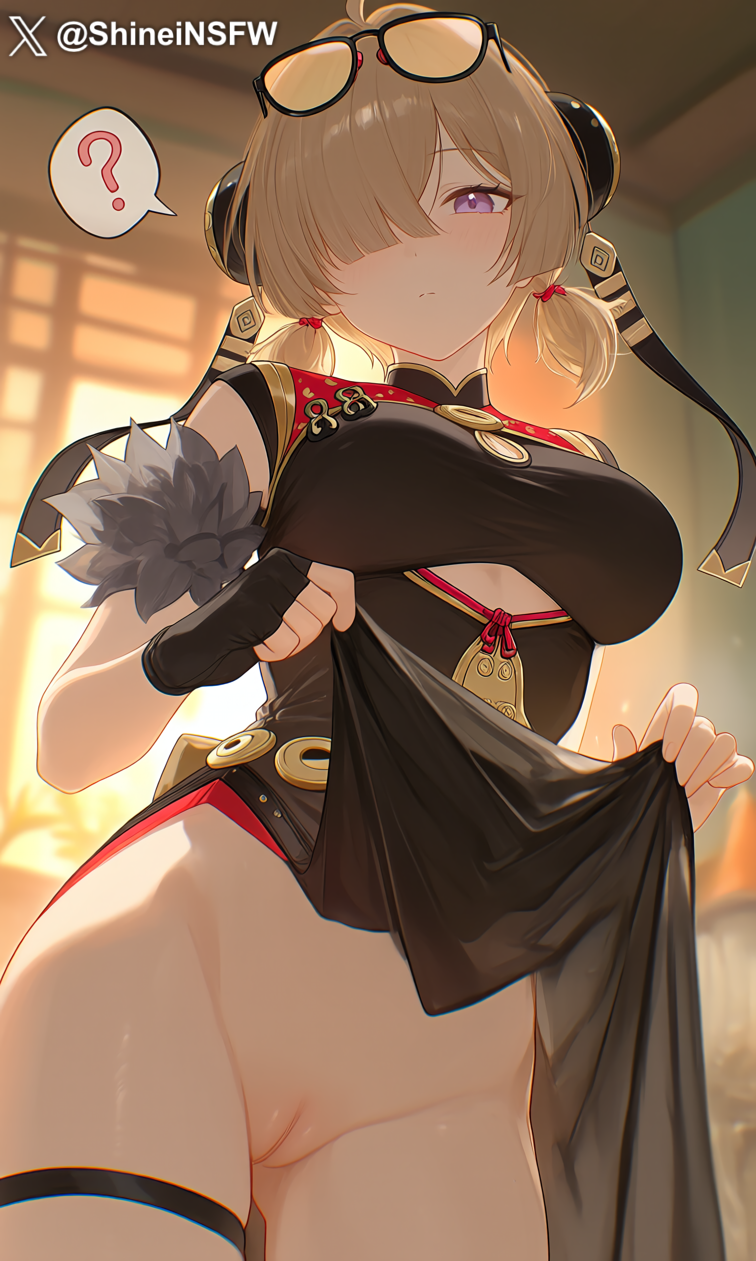 ai generated, blonde hair, blush, bottomless, front view, glasses on head, large breasts, low angle, pussy, question mark, shineinsfw, shiny skin, skirt lift, solo, sweety (zenless zone zero), zenless zone zero