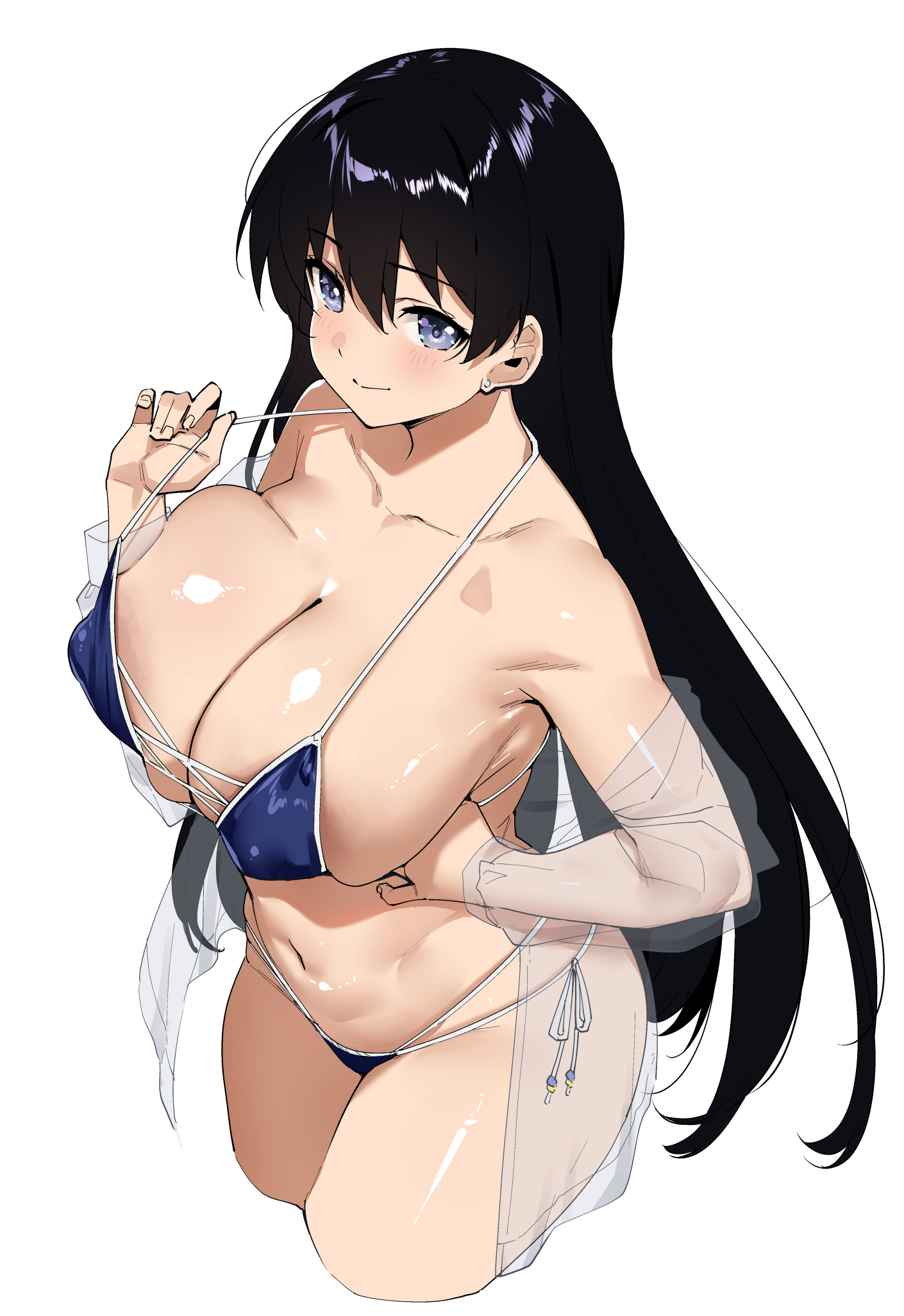 1girls, arato nagi, big breasts, bikini, black hair, blue bikini, blue eyes, blush, breasts, curvy, female, female only, hi res, highres, large breasts, long hair, looking at viewer, micro bikini, navel, ruri no houseki, side-tie bikini bottom, simple background, smile, solo, solo female, swimsuit, thick, tomohiro kai, voluptuous, white background