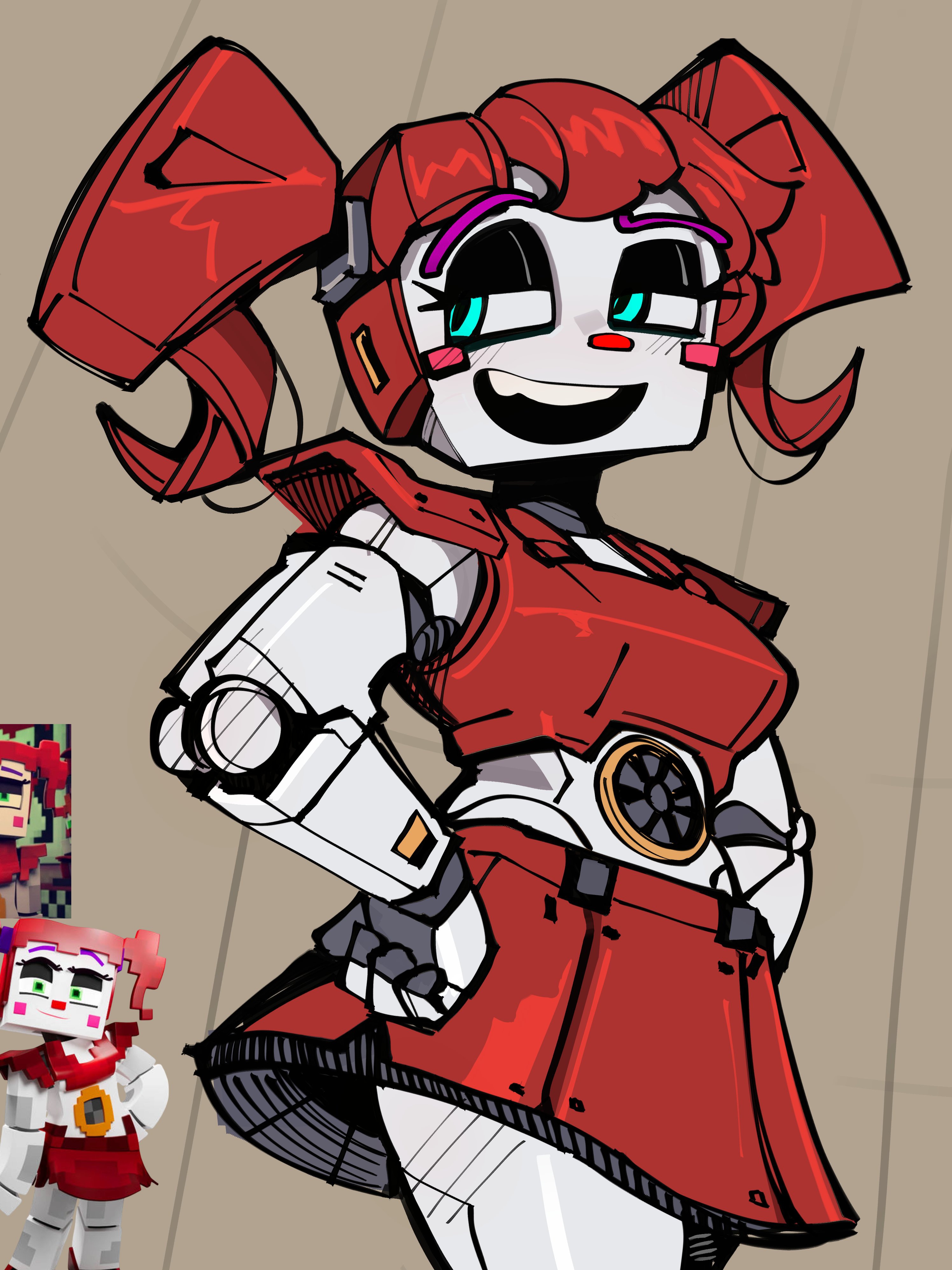 baby (fnafsl), blue eyes, breasts, circus baby (fnaf), circus baby (minecraft), crop top, cyan eyes, female, female only, five nights at freddy's, hands on hips, long hair, minecraft, peargor, ponytail, red hair, robot, robot girl, safe, skirt, smile, solo, tagme, thick thighs, tied hair, voluptuous, zamination