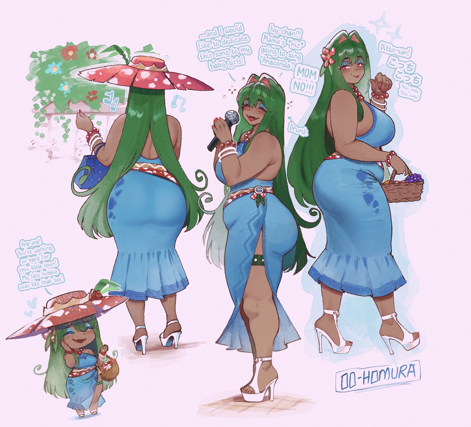 1girls, animal ears, ass, bare arms, bare shoulders, basket, blue dress, blue eyeshadow, blush, breasts, cleavage, curvy, dark skin, dark-skinned female, dialogue, dress, english text, eyeshadow, female, female only, from behind, from side, fruit basket, full body, generation 1 pokemon, gijinka, green hair, hair intakes, hat, hawaiian clothes, high heels, highres, holding, holding basket, holding microphone, huge ass, humanized, humanized pokemon, large breasts, looking at viewer, makeup, mature female, microphone, multiple girls, multiple views, nail polish, nintendo, open mouth, personification, plump, pokemon, pokemon (species), pokemon pokopia, red eyes, red hat, red nails, smile, solo, standing, text, thiccwithaq, thick arms, venusaur, wide brim