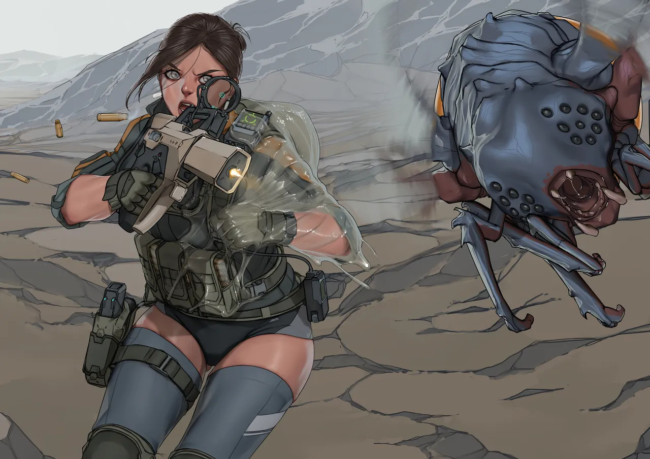 1girls, brown hair, female, insectophilia, interspecies, light skin, light-skinned female, monster, monster on female, science fiction, solo female, sticky restraint, zerogravitas, zoophilia