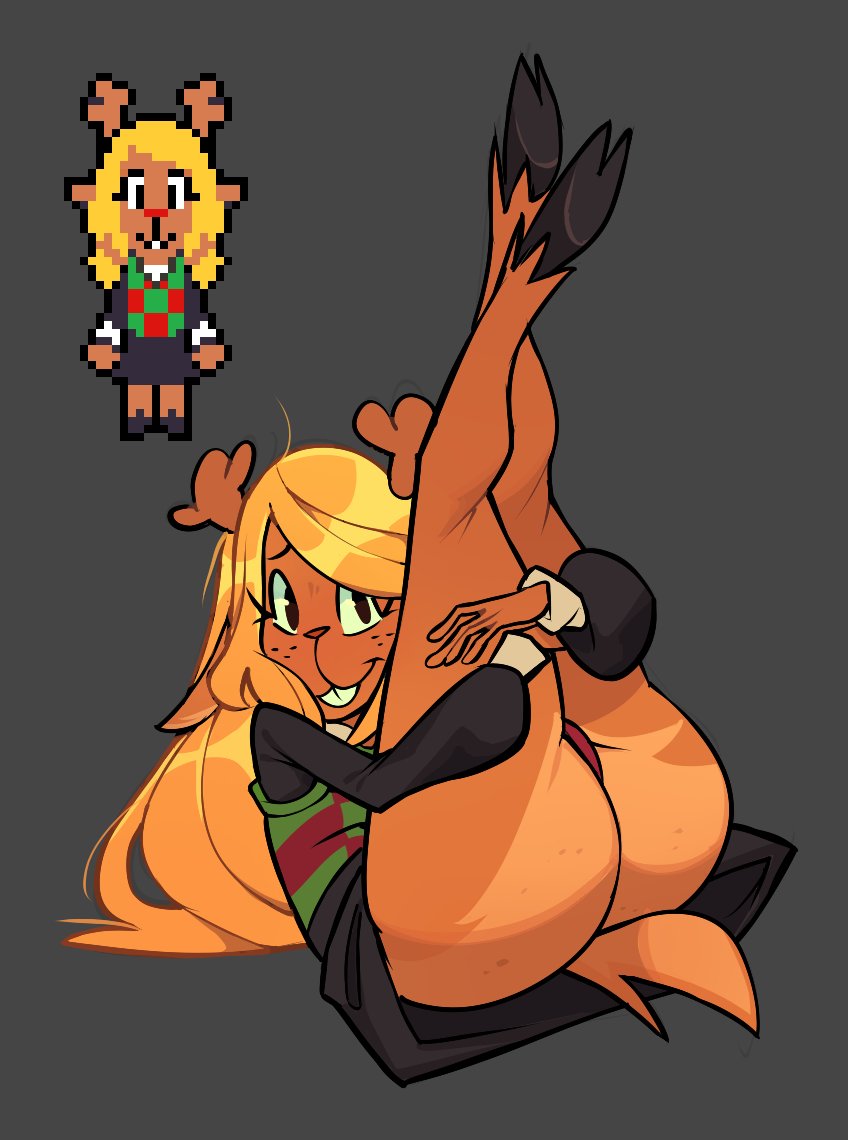 1girls, 2026, anthro, antlers, ass, blonde hair, buckteeth, butt focus, clothed, clothing, cute, deer, deltarune, digital media (artwork), doodle, elwilsjeje, first porn of artist, grey background, hair, long hair, mammal, new world deer, noelle holiday, panties, paws, questionable, reference sheet, reindeer, short tail, simple background, skirt, solo, sprite, suggestive, suggestive pose, tail, teeth, thighs, topwear, twitter link, undertale (series), welsdumps