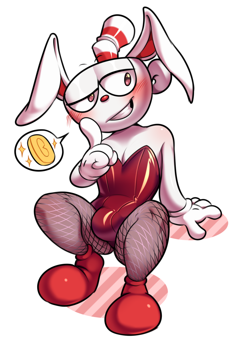 blush bulge bunny_costume bunny_ears_(disambiguation) clothed clothing costume crossdressing cuphead cuphead_(game) femboy fishnet gay humanoid lizardbat_(artist) male_only object_head prostitution solo