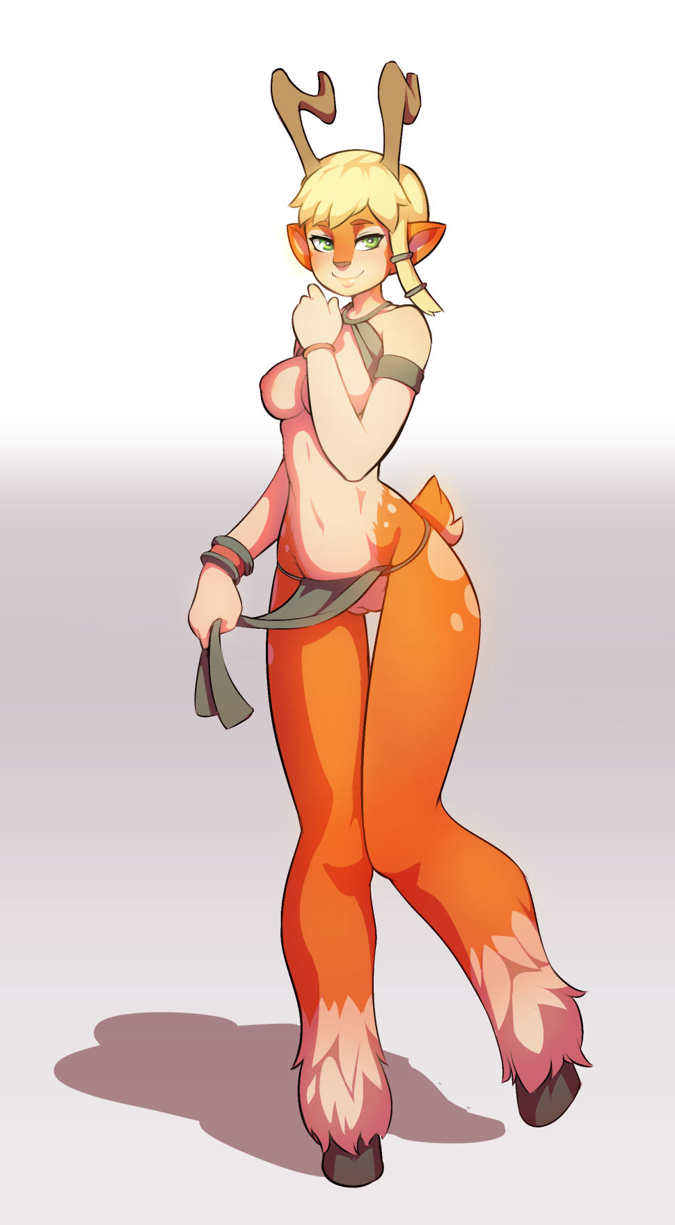 anthro antlers battlerite biggcuties blonde_hair blossom_(battlerite) breasts cervine deer female flashing gradient_background green_eyes hair horn looking_at_viewer mammal presenting presenting_pussy pussy satyr simple_background solo standing