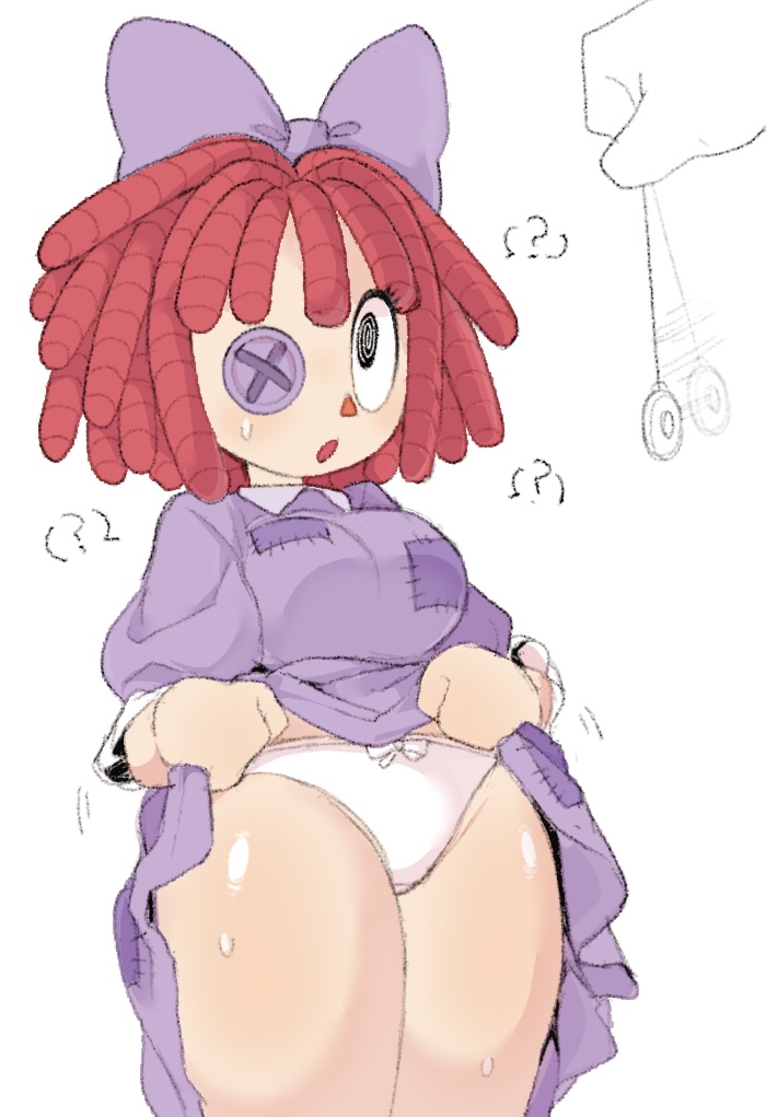 big breasts, bow, button eye, doll girl, glitch productions, gooseworx, hypnosis, ragatha, ragatha (tadc), ragatha (the amazing digital circus), ragdoll, red hair, red hair female, showing panties, sweatdrop, tagme, tagme (artist), the amazing digital circus, thick thighs, white panties