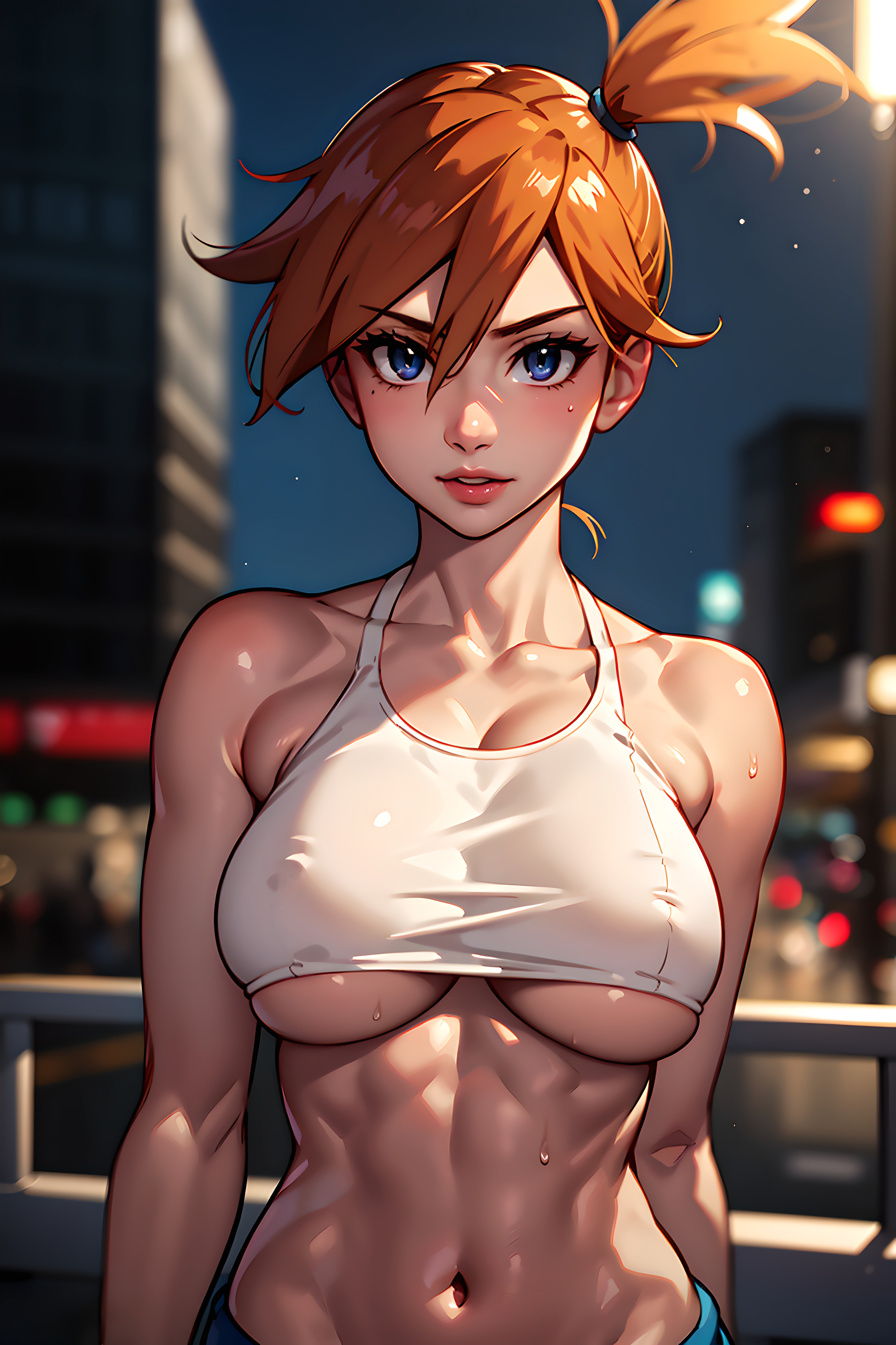 1girls, 2023, abs, ai generated, asymmetrical hair, blue eyes, blush, breasts, clothed female, clothing, curvaceous, female, female only, hips, kasumi (pokemon), large breasts, looking at viewer, nai diffusion, navel, nipples, no bra, pokemon, pokemon (anime), pokemon (classic anime), pokemon (game), pokemon rgby, ponytail, shirt, side ponytail, smile, solo, stable diffusion, tied hair, white shirt