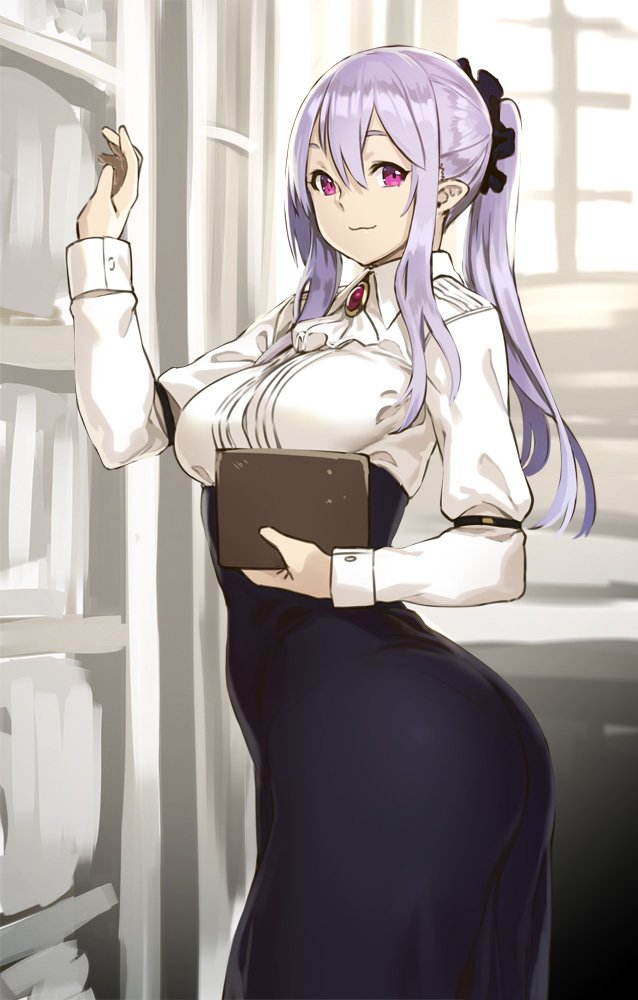 ascot, ass, book, bookshelf, breasts, dress, dress shirt, elf, female, female only, from side, high-waist skirt, houtengeki, indoors, jewelry, large breasts, library, long hair, long skirt, looking at viewer, original, ponytail, purple eyes, purple hair, scrunchie, shirt, skirt, smile, solo