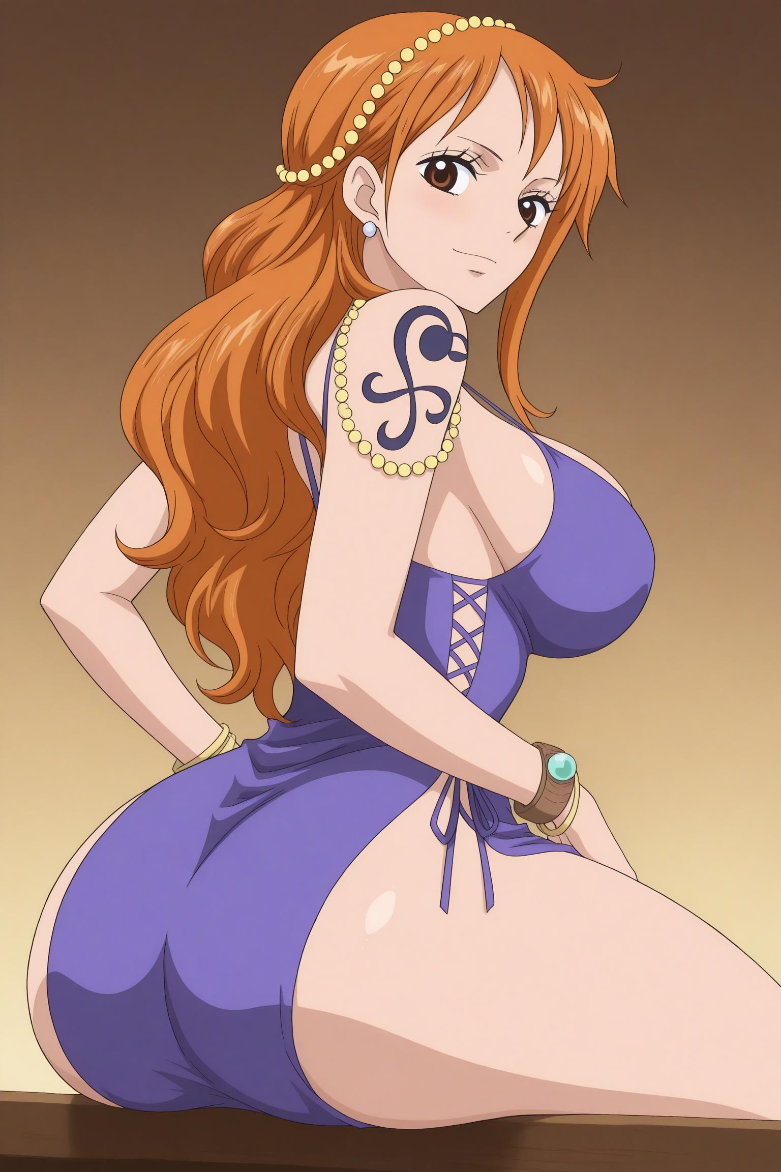 1female, 1girl, 1girls, 2026, ai generated, ass, big ass, big breasts, bracelet, breasts, brown eyes, curvy, dress, earrings, female, female only, hi res, high quality, high resolution, highres, huge ass, huge breasts, jewelry, large breasts, long hair, looking at viewer, nami (one piece), one piece, orange hair, purple dress, smile, solo, tattoo, unjobdespiert