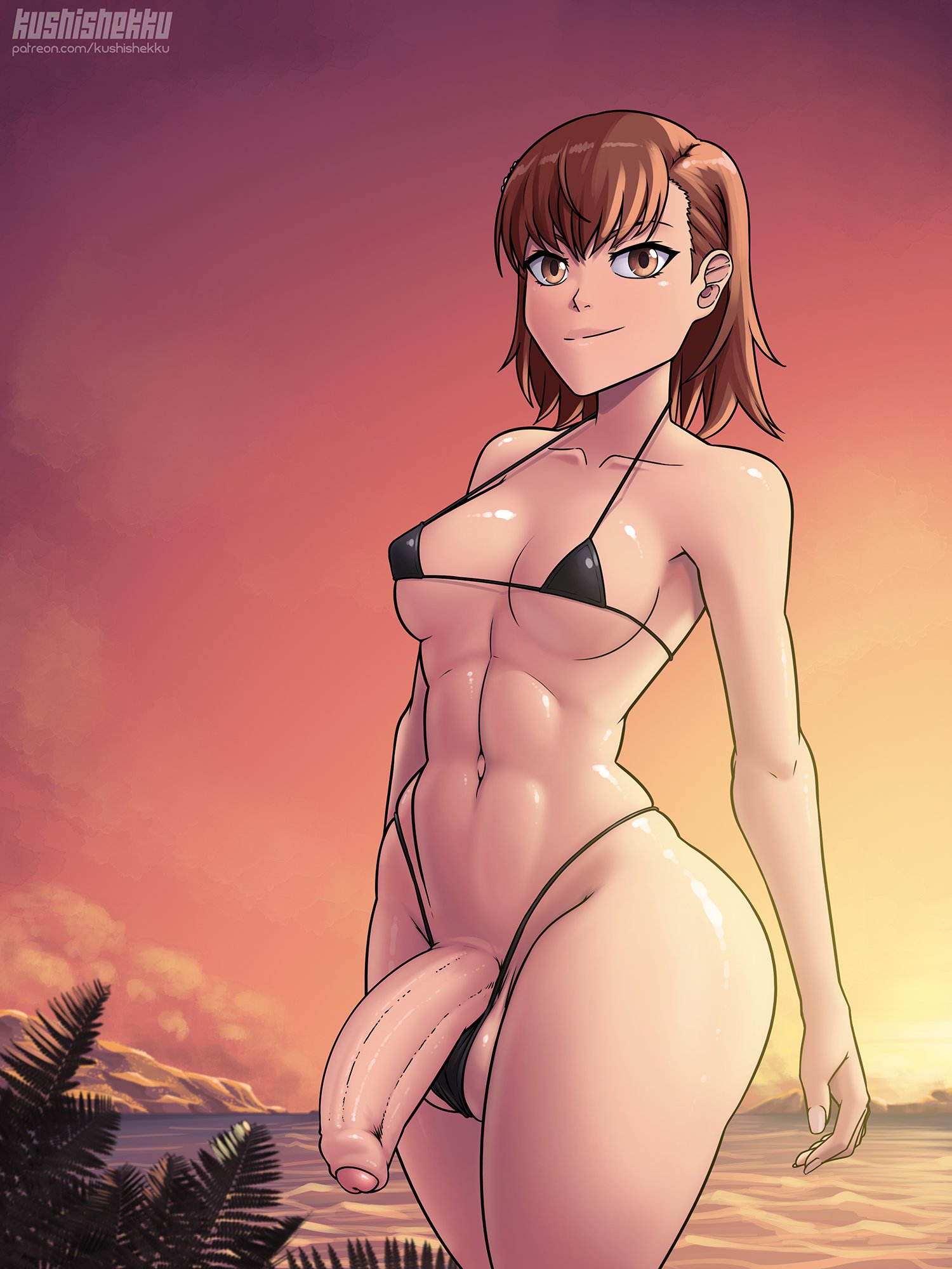 1futa, abs, beach, big ass, big balls, big penis, bottom heavy, clothed, clothing, covered nipples, futa focus, futa only, futanari, human, kushishekku, light skin, light-skinned futa, looking at viewer, micro bikini, misaka mikoto, mostly nude, not erect, partially retracted foreskin, perky nipples, skimpy bikini, slender body, small breasts, solo, string bikini, thick thighs, to aru kagaku no railgun, to aru majutsu no index, uncircumcised, wide hips
