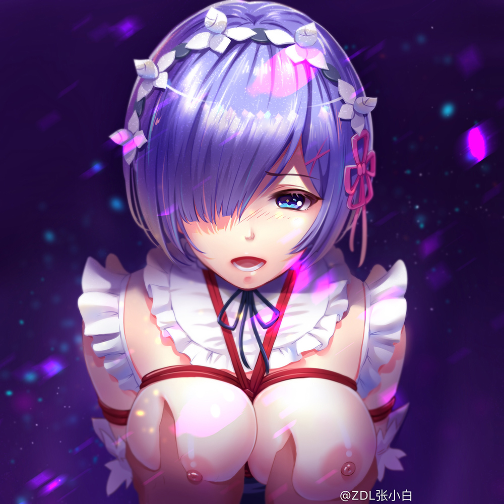 bare shoulders, black ribbon, blue hair, blush, bondage, breast grab, breasts, deep skin, detached collar, eyebrows visible through hair, female, frills, grabbing, hair over one eye, maid, maid headdress, medium breasts, nipples, open mouth, re:zero kara hajimeru isekai seikatsu, rem (re:zero), ribbon, short hair, solo focus, twitter username, upper body, zdl xiaobai