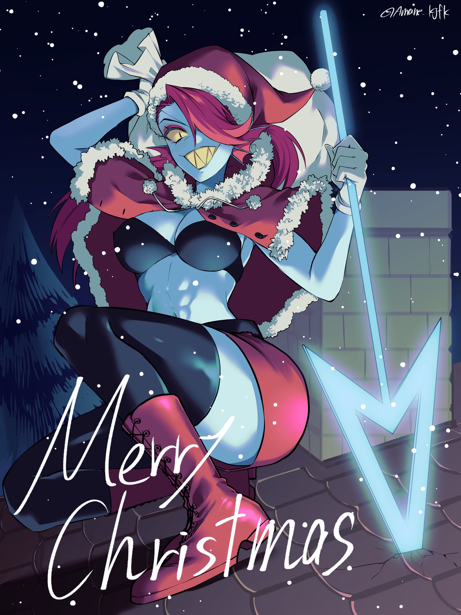 amane kjfk, black eyes, blue body, boots, bra, breasts, christmas, cleavage, female, female only, fish, fit, fit female, gloves, hair over one eye, headgear, holding, holding object, long hair, looking at viewer, muscular, red hair, santa hat, sharp teeth, smile, stockings, tagme, tagme (artist), text, thick thighs, undertale, undertale (series), underwear, undyne, voluptuous, wide hips, yellow sclera