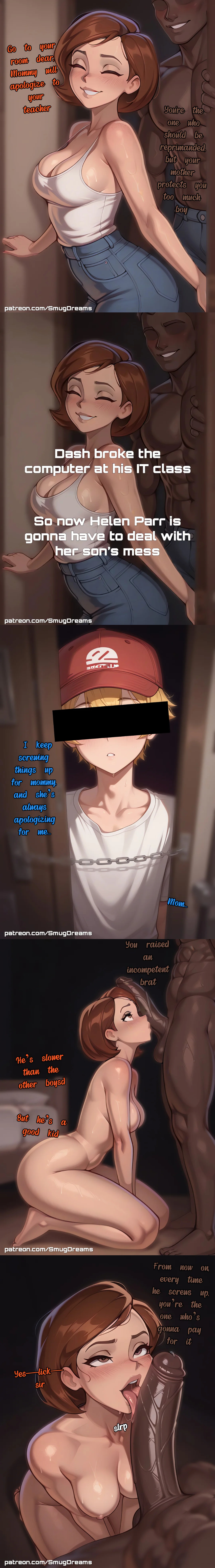 ai, ai generated, big ass, big breasts, big penis, blowjob, caption, cheating, cheating female, cheating girlfriend, cheating wife, comics, dark-skinned male, elastigirl, fellatio, fellatio pov, helen parr, milf, mommy, netorare, ntr, saliva