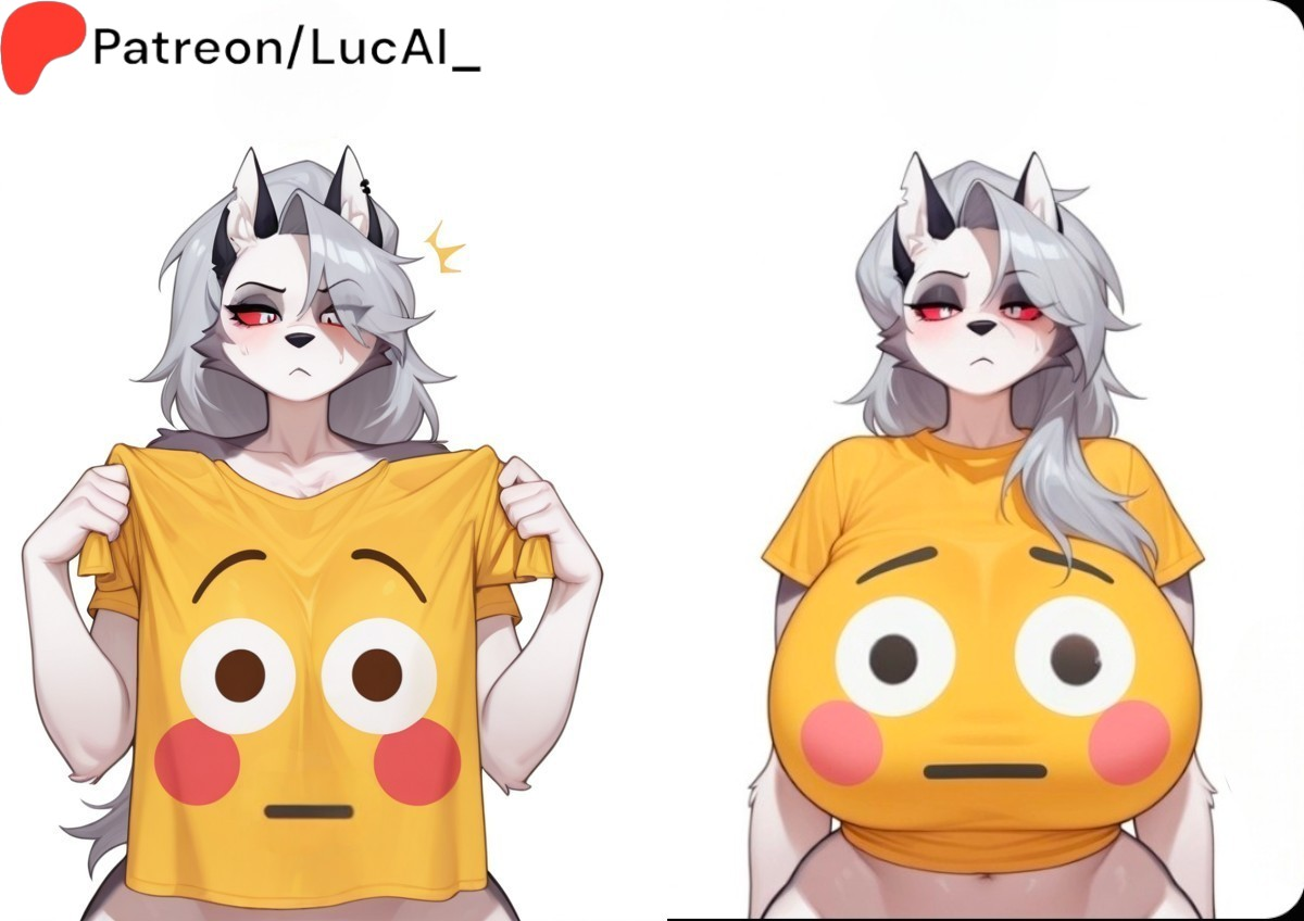 1girls, ai generated, big ass, big breasts, clothed, clothing, female, flushed emoji shirt, helluva boss, huge breasts, loona (helluva boss), lucai, thick thighs, two-tone body, wolf, wolf girl