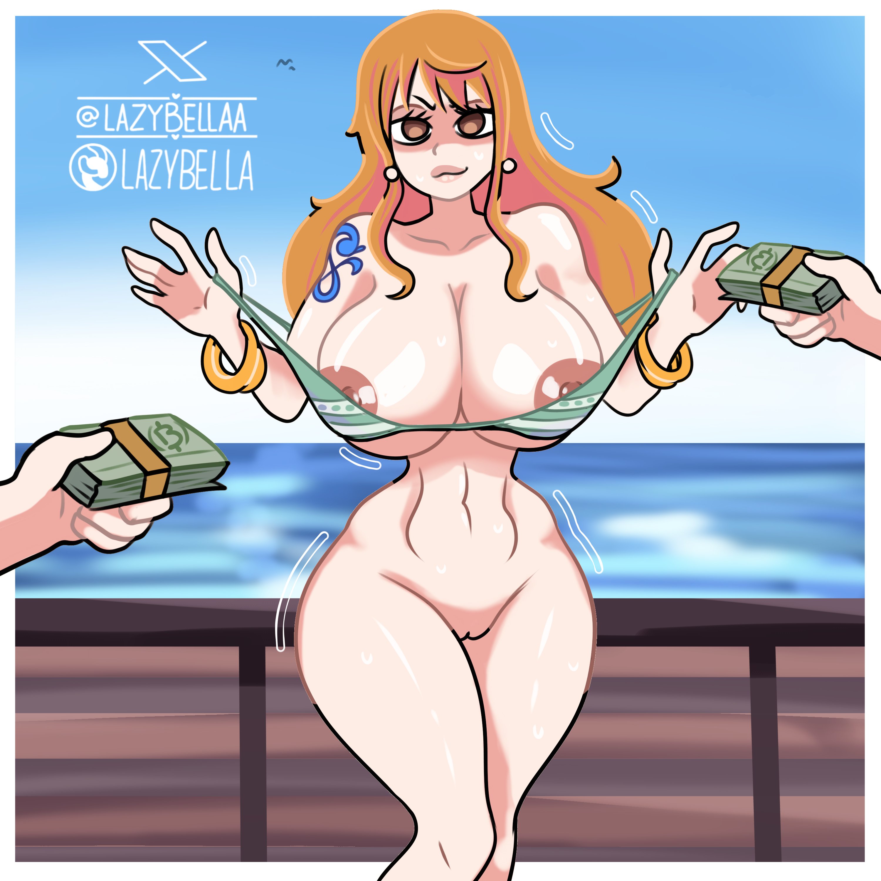 1girl, 1girls, big breasts, boobs, breasts, curvy, curvy female, female, lazybella, light skin, light-skinned female, male, mostly nude, nami (one piece), navel, nipples, one piece, pussy, standing, thick thighs, thighs, vagina, woman