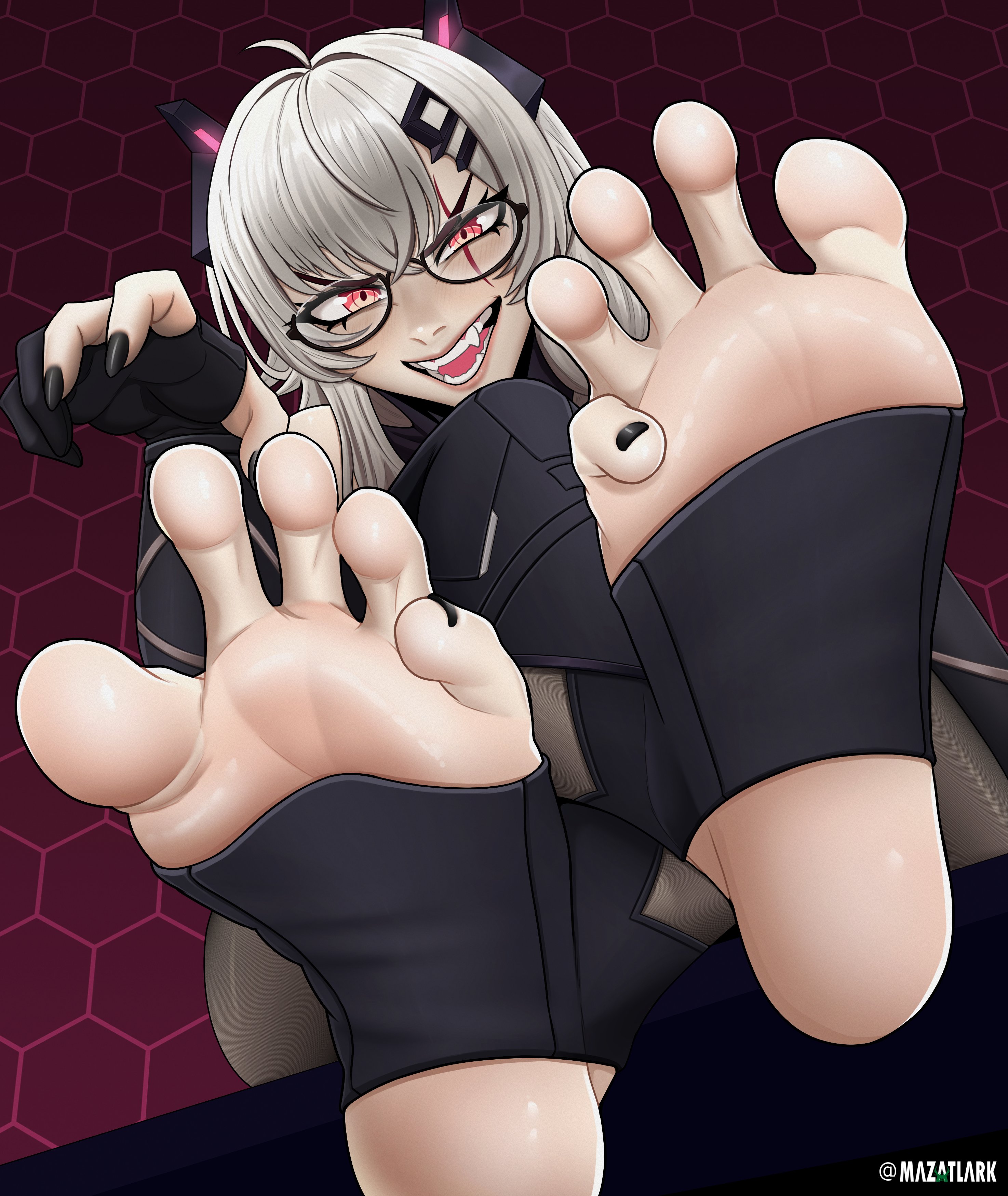 1girls, black nail polish, black nails, black toenail polish, black toenails, black-framed eyewear, clothed, clothing, eyewear, fangs, feet, feet fetish, feet focus, female, female only, foot fetish, foot focus, glasses, indie virtual youtuber, light skin, light-skinned female, long hair, low-angle view, mazatlark, nail polish, open mouth, red eyes, saruei (vtuber), scar, scar across eye, scar on face, solo, stirrup legwear, teeth, toenail polish, toenails polish, virtual youtuber, vtuber, white hair