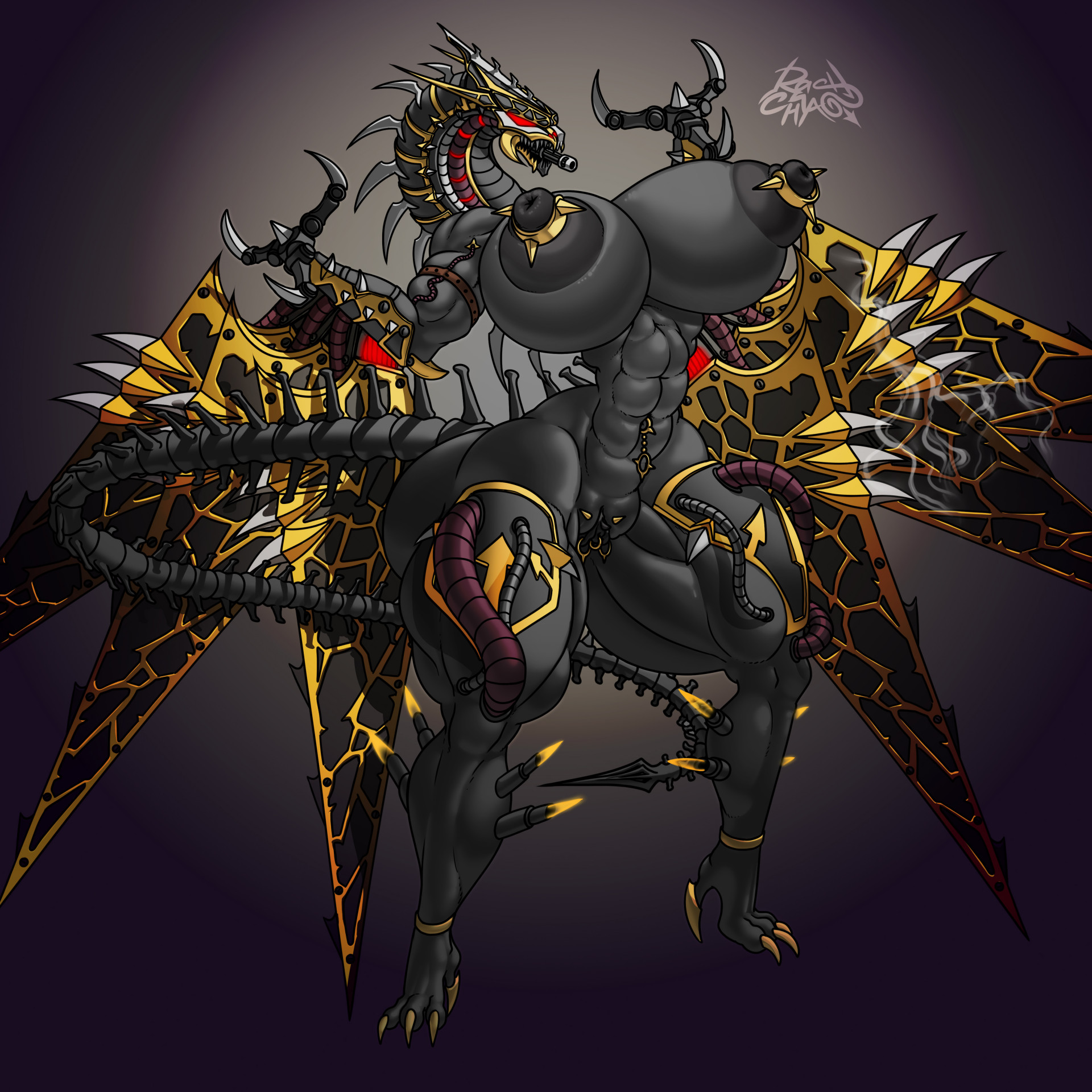 aeromorph, areola, breasts, chaos (warhammer), claws, dark skin, digital media (artwork), dragon, female, heldrake, labia piercing, muscular, muscular female, pussy piercing, rashchaos, solo, warhammer (franchise), warhammer 40k