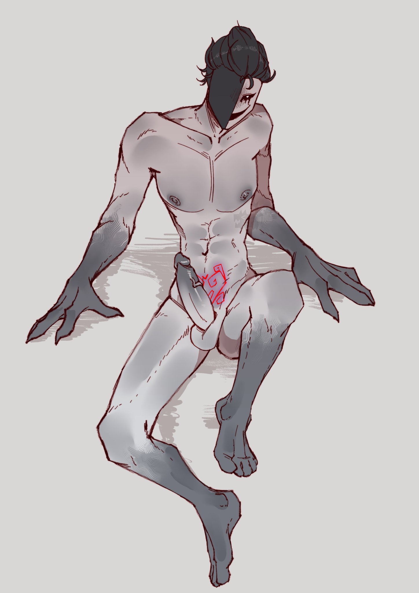 1boy, abs, aggressivedog01 (artist), black hair, black sclera, clawed fingers, clawed hands, claws, color, colored, dark arms, dark feet, dark hands, dark legs, dark tip, hair bun, looking at viewer, male, male only, man bun, mostly nude, mostly nude male, muscular, muscular male, naked, naked male, nude, nude male, pubic tattoo, simple background, sitting, sitting down, smile, smiling, solo, solo focus, solo male, straight hair, tattoo, tfc, the freak circus, ticket taker (the freak circus), white eyes, white skin