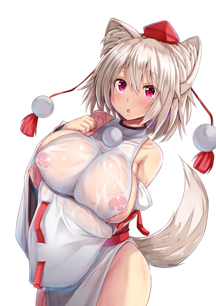 alternate_eye_color animal_ears areola_slip areolae bare_shoulders blush breast_hold breasts commentary covered_nipples cowboy_shot detached_sleeves dress ebi_193 eyebrows_visible_through_hair female hair_between_eyes hand_on_own_chest hat large_breasts long_sleeves momiji_inubashiri nipples parted_lips pink_eyes pom_pom_(clothes) ribbon-trimmed_sleeves ribbon_trim see-through short_hair side_slit silver_hair simple_background solo standing tail tassel thighs tokin_hat touhou wet wet_clothes wet_dress white_background white_dress wide_sleeves wolf_ears wolf_tail