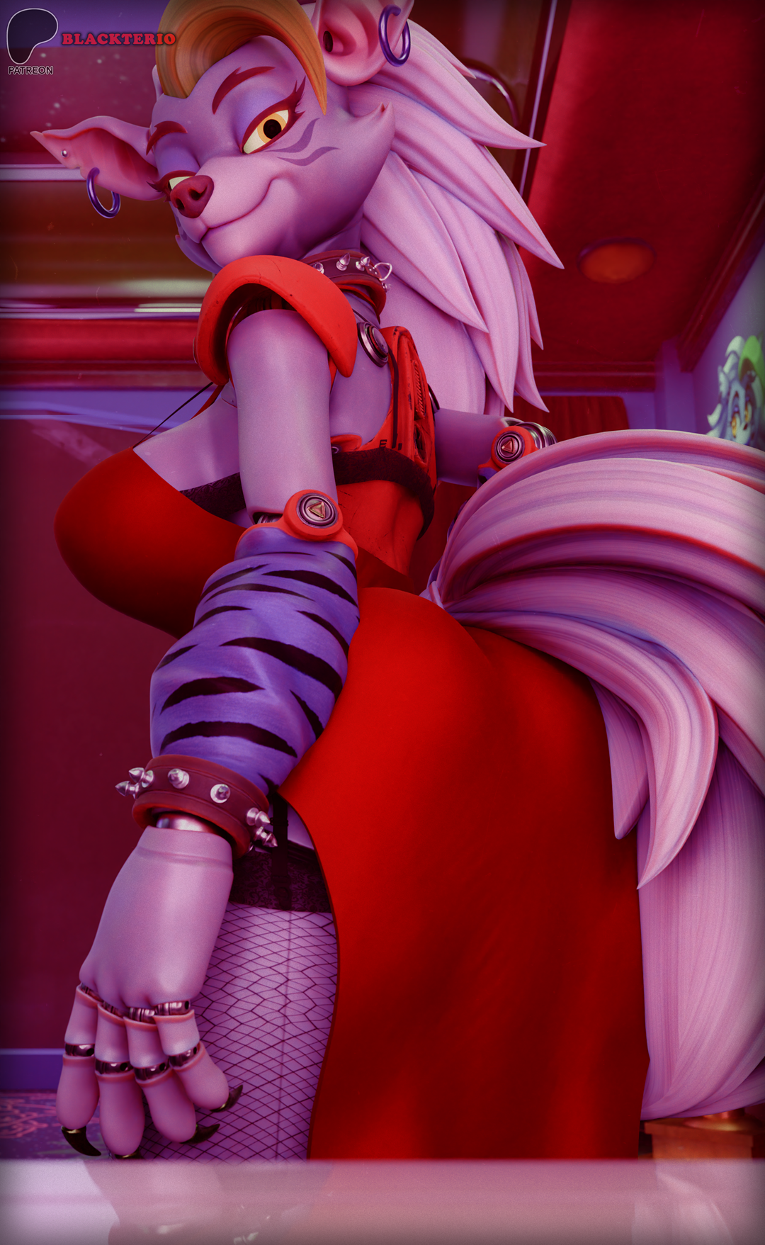 3d, 3d (artwork), 3d model, 3d render, alternate version at paywall, alternate version at source, alternate version available, ass, big ass, big butt, blackterio, blender, blender (artwork), blender (software), blender cycles, blender3d, clothed, clothes, dress, ear, female, female only, fishnet legwear, fishnets, five nights at freddy's, five nights at freddy's: security breach, furry, furry female, furry only, looking at viewer, looking back, mayosplash, mayosplash (modeler), nails, red clothing, red dress, roxanne wolf (fnaf), roxanne wolf (mayosplash), solo, tail, thighs, yellow eyes