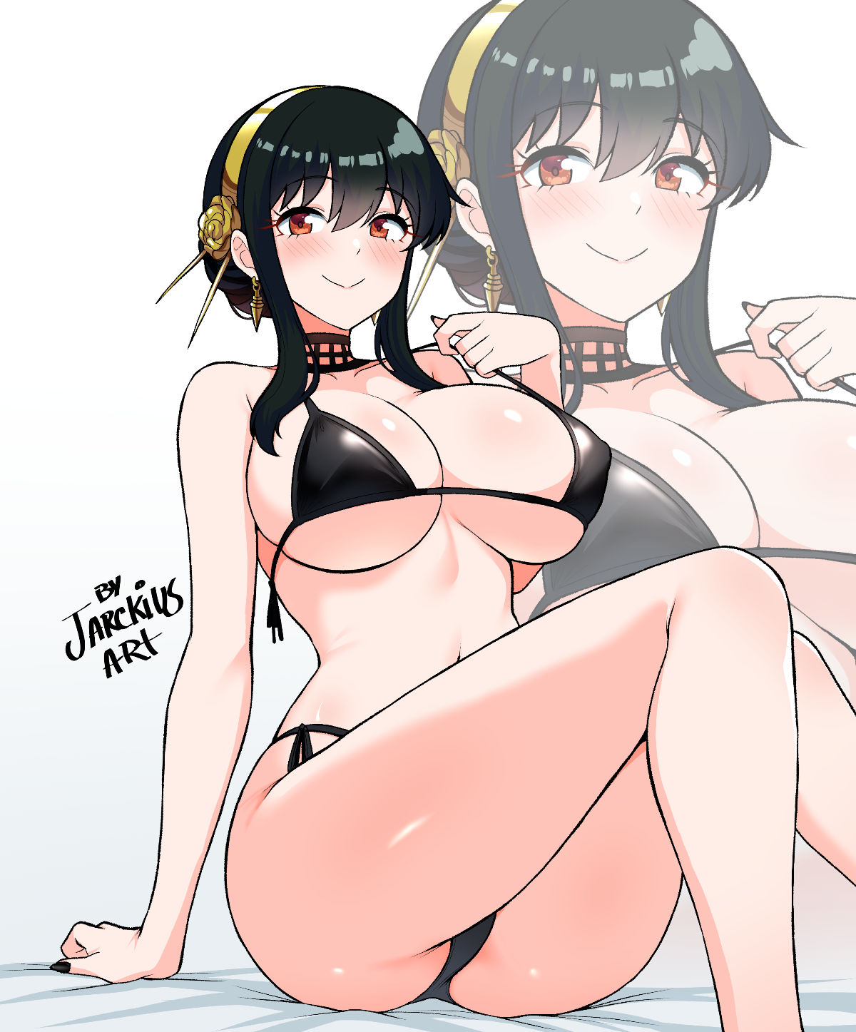 :>, 1girls, artist name, ass visible through thighs, bikini, black bikini, black hair, black nails, choker, curvy, female, female only, hair ornament, huge ass, huge breasts, jarckius, knees up, micro bikini, nail polish, painted fingernails, painted nails, red eyes, revealing clothes, solo, solo female, spy x family, thick thighs, wide hips, yor briar, yor forger, zoom layer