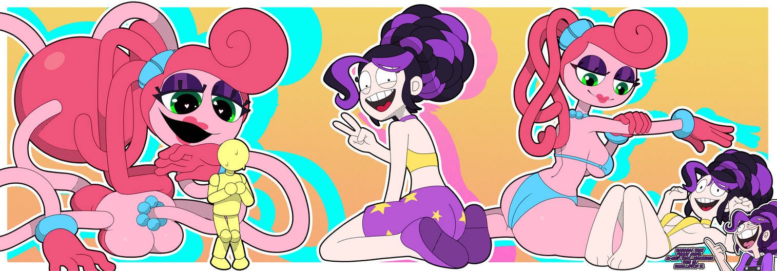 ass, back view, barefoot, bikini, black hair, bra, breasts, choker, cleavage, crop top, elastic, female, female only, footwear, gloves, green eyes, heart, heart-shaped pupils, huge ass, kneeling, lily lovebraids, lipstick, long hair, looking at another, looking at viewer, lying, lying on back, mommy long legs, necklace, panties, peace sign, pink body, pink hair, poppy playtime, purple hair, shorts, smile, speech, sweat, tagme, text, thick thighs, tongue, toy, underboob, viewed from behind, voluptuous, wheatly101, wide hips