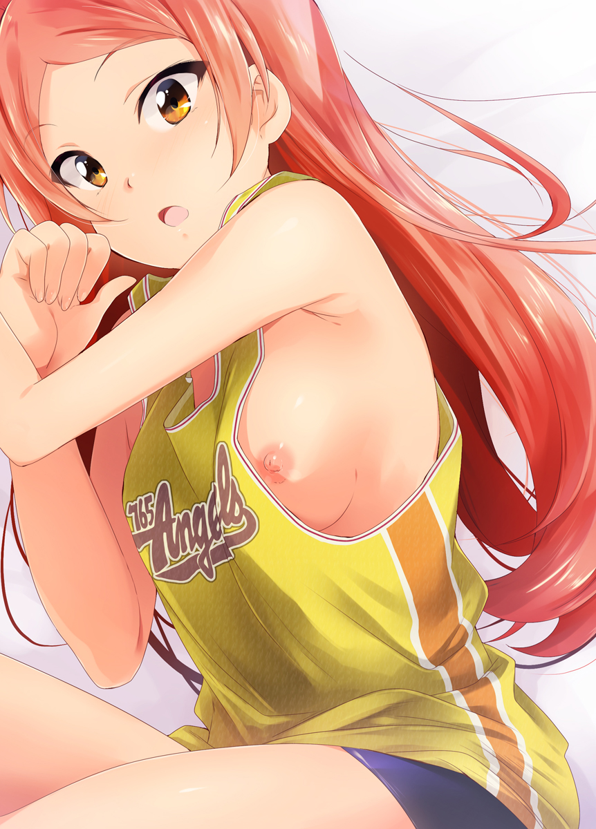 :o armpits basketball_uniform blush breasts female highres idolmaster idolmaster_million_live! kaiga nipple_slip nipples no_bra oogami_tamaki orange_eyes red_hair shorts solo sportswear