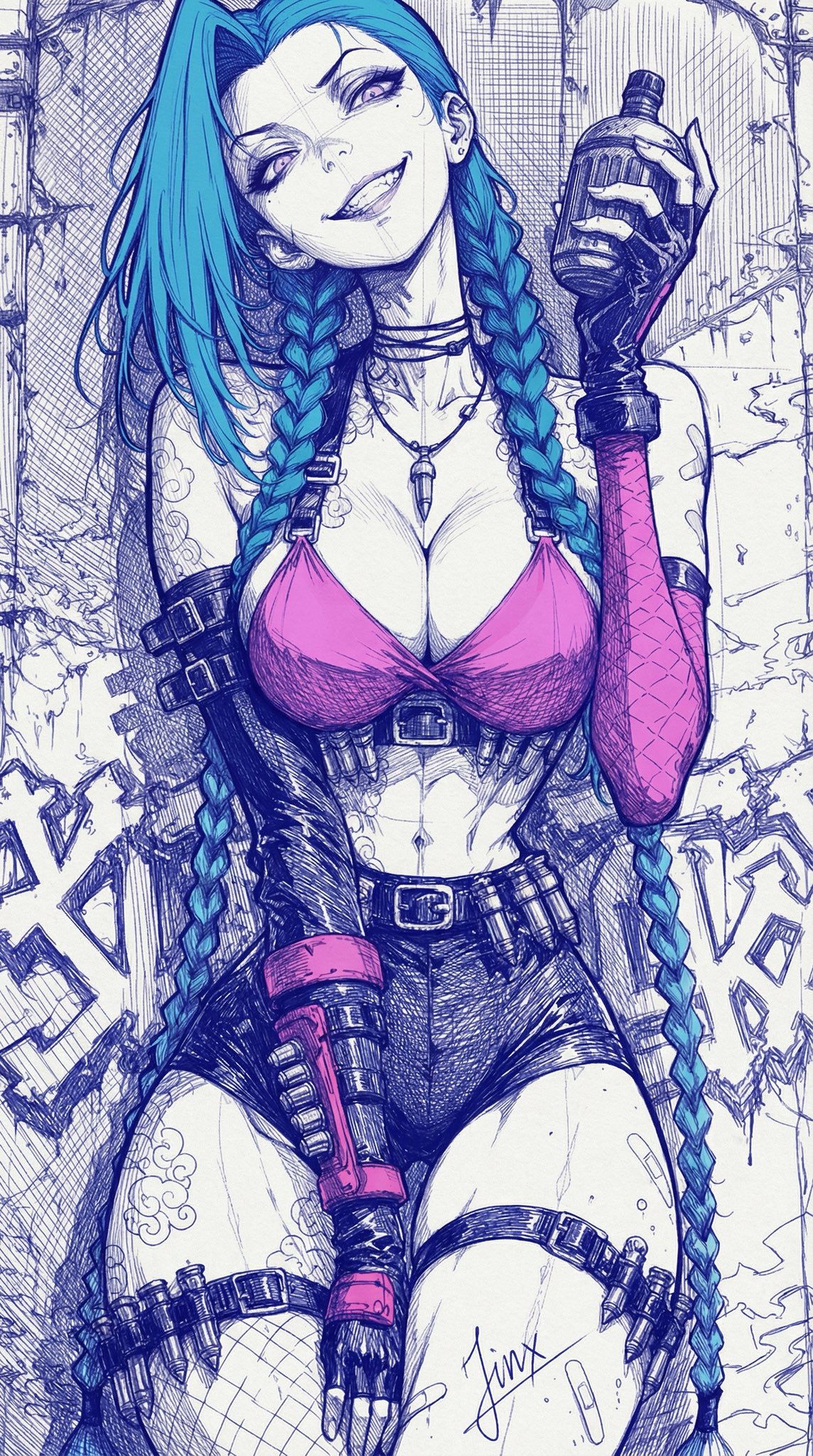 bare shoulders, blue hair, breasts, cleavage, crop top, female, female only, gloves, hand on thigh, holding, holding object, hourglass figure, jinx (league of legends), league of legends, long hair, navel, necklace, pink eyes, shorts, smile, tagme, tagme (artist), tattoo, thick thighs, voluptuous, wide hips