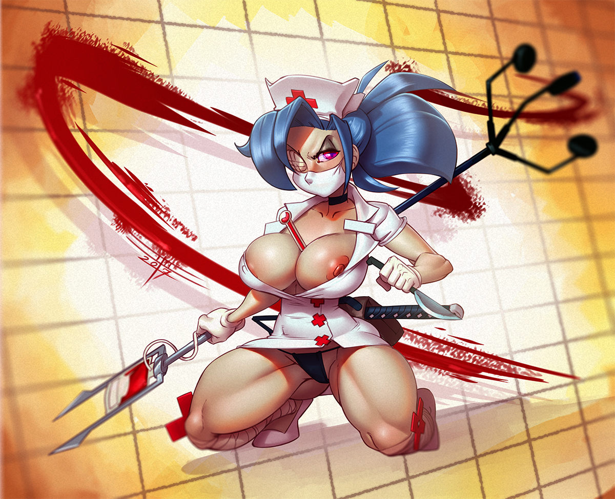 areolae, big breasts, blood, blue hair, breasts, female, female only, large breasts, looking at viewer, nipple slip, nipples, panties, skullgirls, solo, taboolicious, upskirt, valentine (skullgirls)