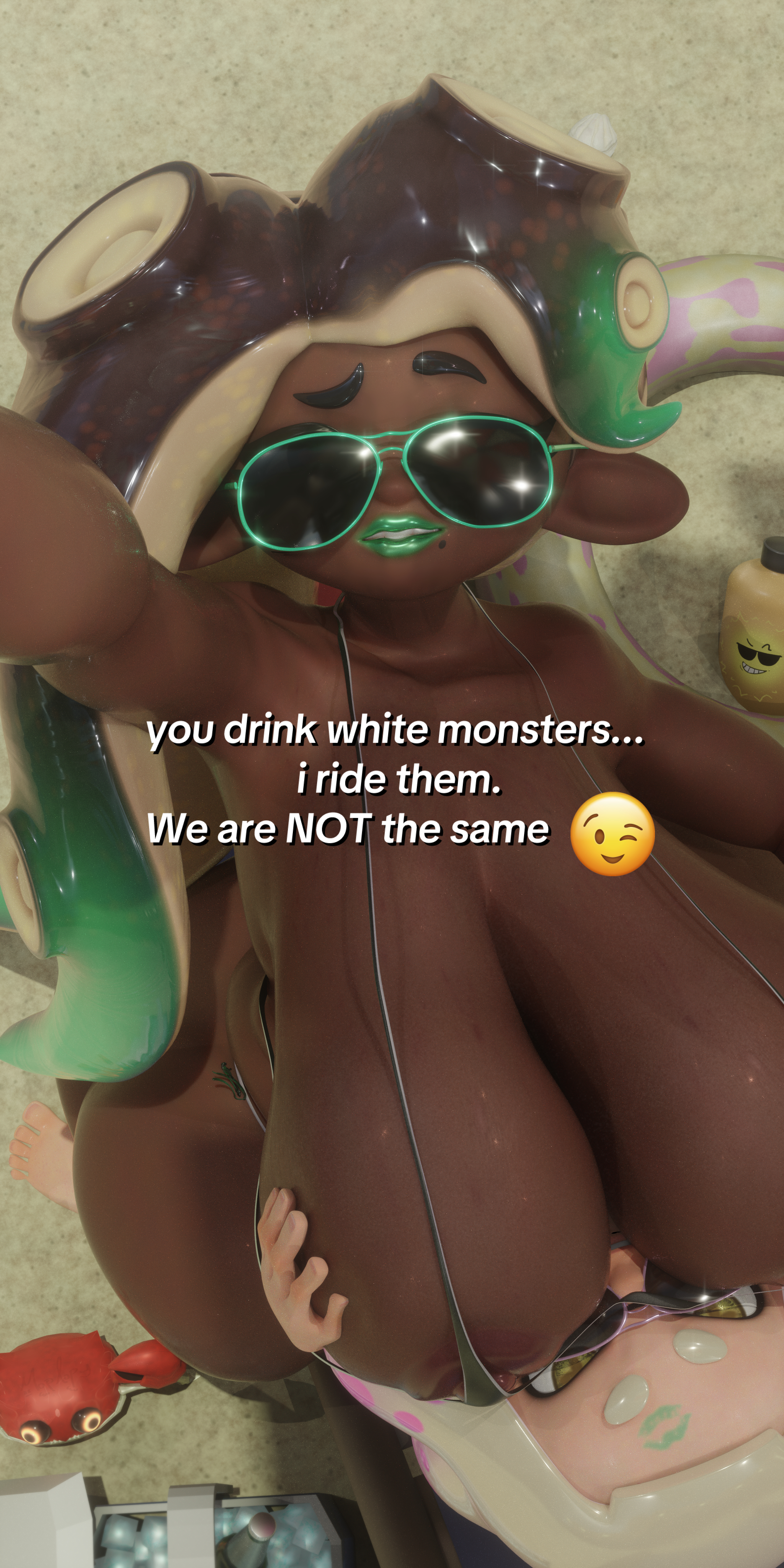 2girls, 3d, beach, big breasts, blender, breasts, ebony, ebony female, female only, huge breasts, marina (splatoon), marina (wo262), message, mopflop, parody, pearl (splatoon), raceplay, shortstack, size difference, splatoon, splatoon 2, tentacle hair, text, thick ass, thick thighs, wo262 (3d model style)