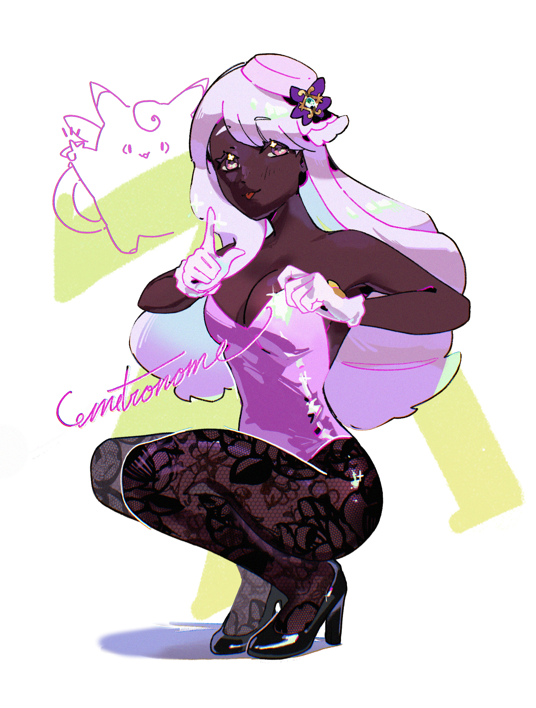 ass, bare shoulders, blush, breasts, bunnysuit, cleavage, clefable, dark skin, female, female only, gloves, headgear, high heels, jacinthe (pokemon), long hair, looking at viewer, pink eyes, pink hair, pixy (pokemon), pokemon, pokemon legends: z-a, slim waist, smile, sugahri, tagme, tagme (artist), text, tongue, voluptuous, yukari (pokemon)