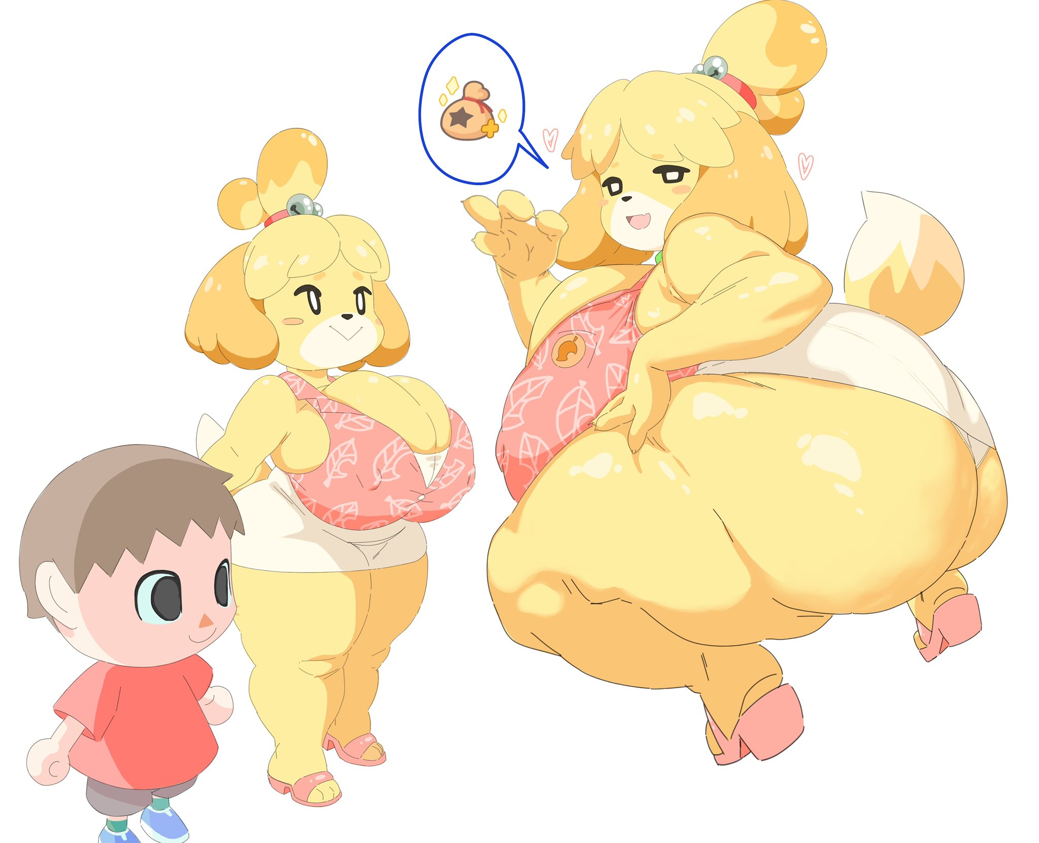 1boy, 1girls, animal crossing, animal ears, anthro, ass, bell, big ass, big breasts, big cleavage, blonde hair, blowjob gesture, blush, bottomless, bottomless skirt, bubble butt, chubby, dog ears, dog girl, dog tail, furry, gesture, hair ornament, heart, heels, huge breasts, human, isabelle (animal crossing), jacket, looking at viewer, massive breasts, mooning, nintendo, nipple bulge, open mouth,, plump, prostitute, prostitution, riceoctopii, sex gesture, shirt, skirt lift, smile, squatting, standing, tail, tied hair,, topknot, upskirt, villager (animal crossing)