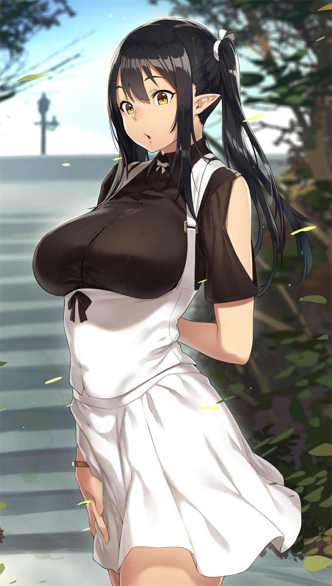 black_hair bracelet breasts collar day elf elf_(houtengeki) female female_only hair_between_eyes houtengeki jewelry lamppost large_breasts long_hair open_mouth original pointy_ears skirt sky sleeveless solo stairs tree twintails wind yellow_eyes