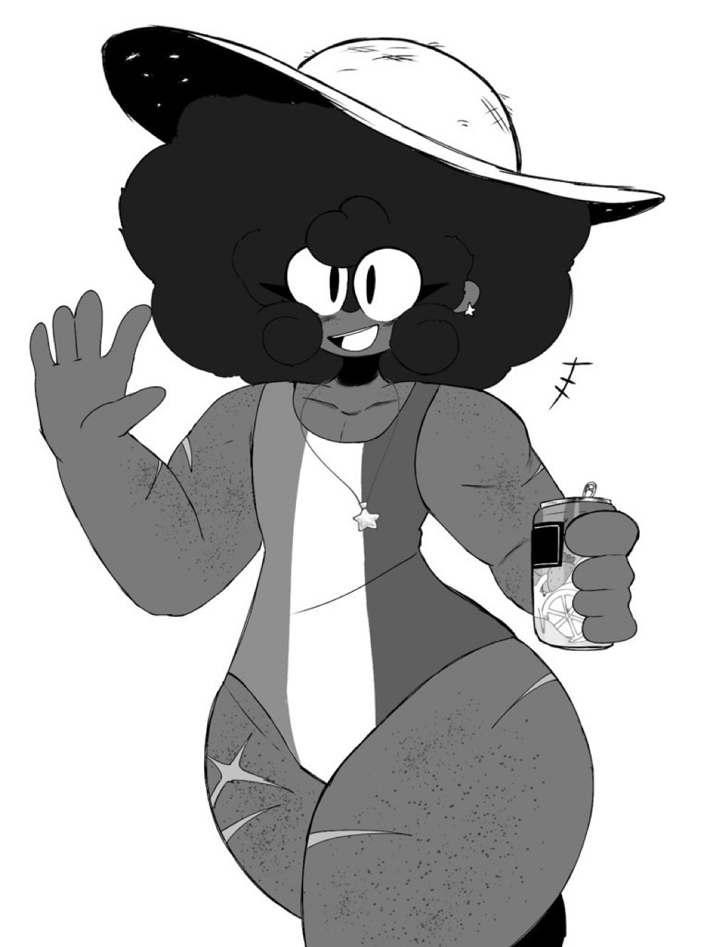 dark-skinned_male drink_in_hand earrings fazzinart femboy feminine_male fluffy_hair freckles_on_face jayden_(fazzinart) muscular_male necklace not_porn oc original_character scars_all_over sfw simple_background smiling_at_viewer solo_male straw_hat swimwear thick_ass thick_thighs