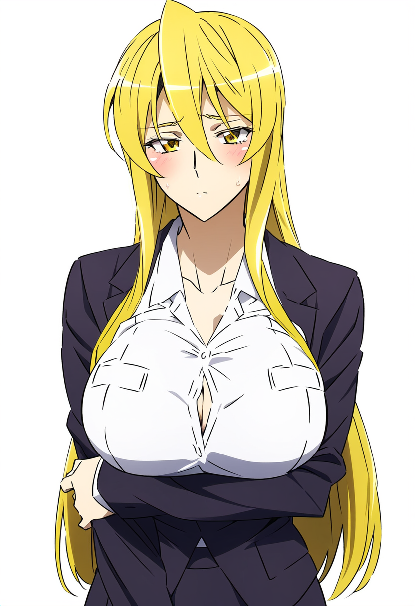 1girls ai_generated big_breasts blonde_hair blush breasts buisness_suit bursting_breasts cleavage collarbone curvy curvy_figure cute female female_focus formal highschool_of_the_dead holding_own_arm huge_breasts light-skinned_female long_hair long_sleeves looking_at_viewer milf office_clothing shizuka_marikawa solo solo_female thick tight_clothing tight_fit tight_shirt unbuttoned unbuttoned_shirt voluptuous voluptuous_female white_background white_shirt yellow_eyes