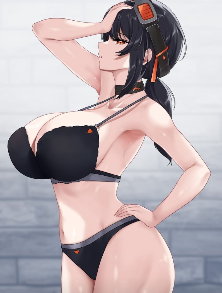 big_ass big_breasts big_butt black_bra black_hair black_panties cute goggles_on_head grace_howard hand_on_head hand_on_hip massive_ass massive_breasts orange_eyes staring_at_viewer tired_expression zenless_zone_zero