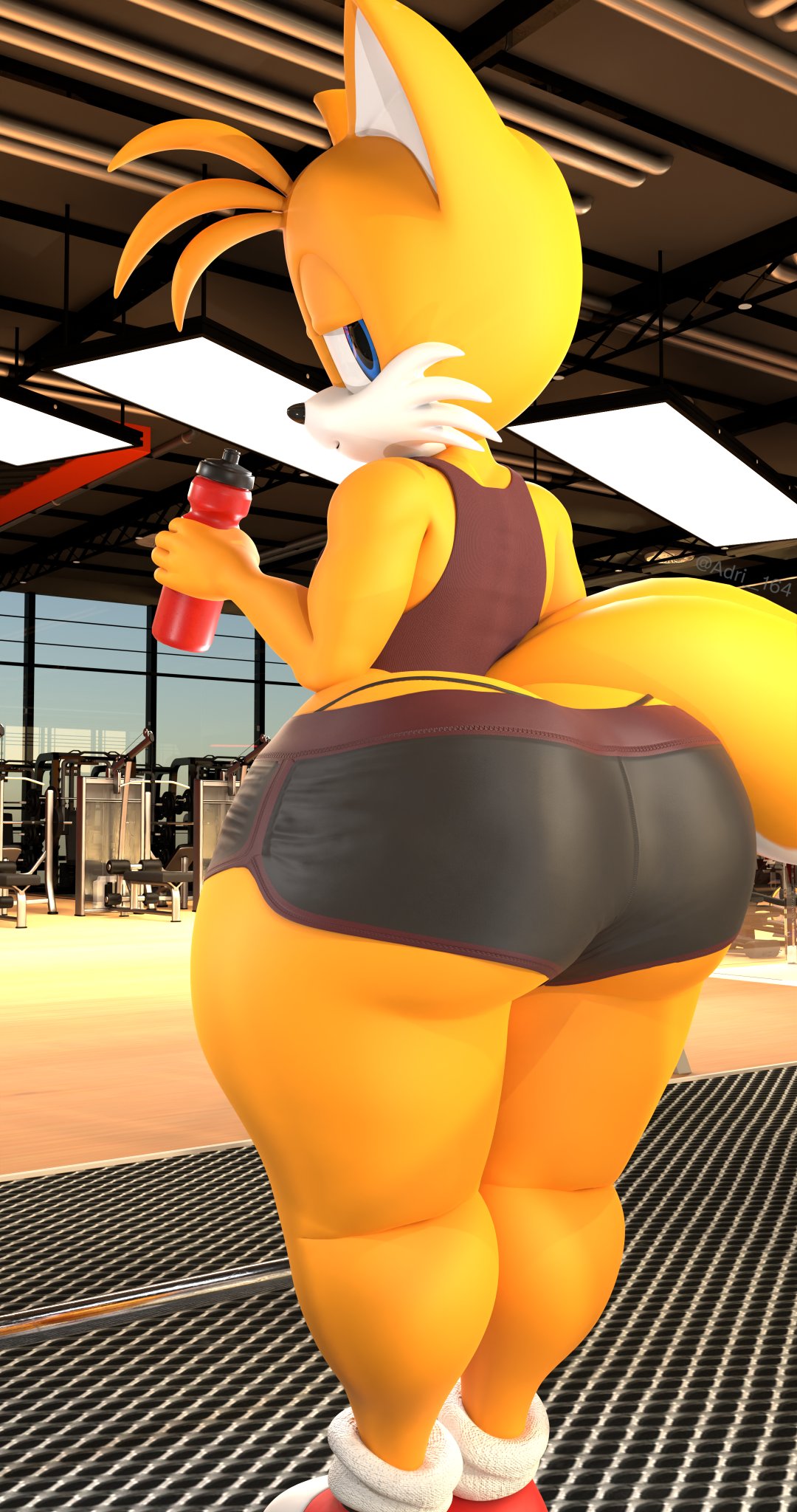 1boy, 3d, 3d model, adri164, anthro, ass, ass cleavage, ass crack, ass focus, big ass, big thighs, black thong, bubble ass, bubble butt, butt crack, femboy, fox, furry, gym shorts, huge ass, huge thighs, male, sega, shorts, solo, solo male, sonic (series), sonic the hedgehog (series), tails the fox, thick ass, thick thighs, thighs, thong