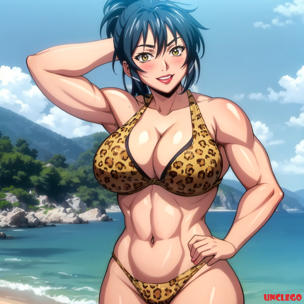 1girls abs ai_generated arm_behind_head beach big_breasts bikini bodybuilder breasts cleavage dark_blue_hair fit_female hand_on_hip huge_breasts leopard_print leopard_print_bikini looking_at_viewer manyuu_chifusa manyuu_hikenchou muscles muscular_female ponytail posing self_upload smiling stable_diffusion unclego yellow_eyes