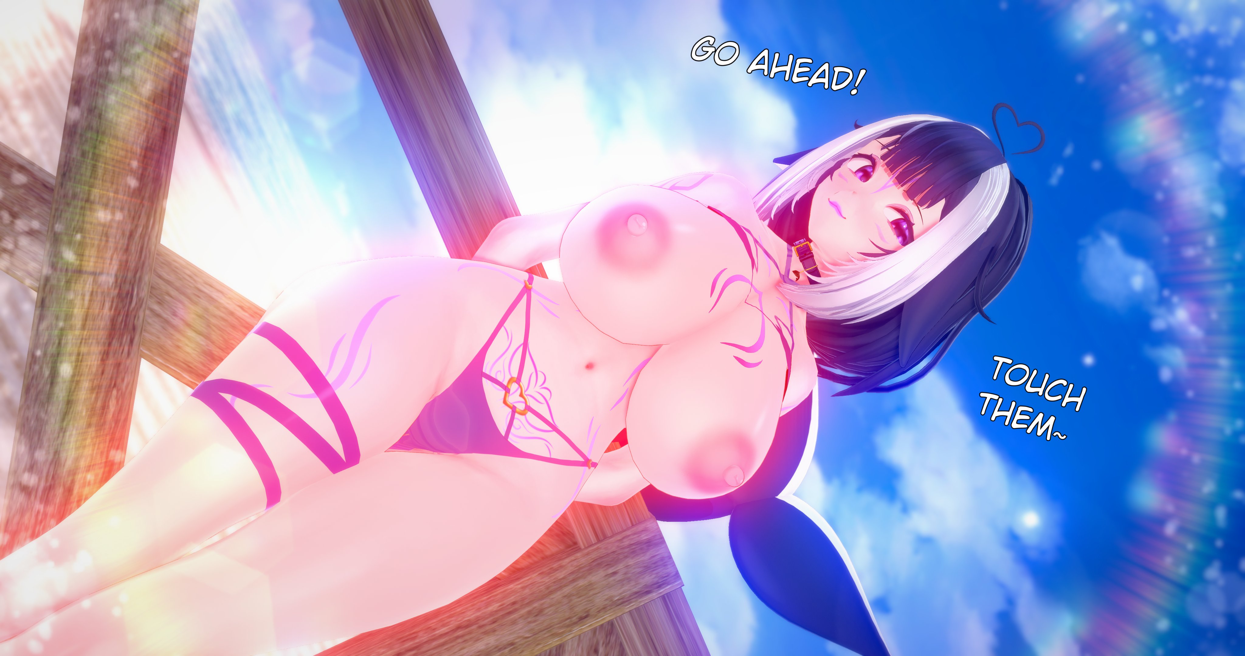 1girls, 3d, ahoge, areolae, ass, beach, big ass, bikini, bikini bottom, blue hair, body markings, breasts, collar, dark hair, deluxe rosie, dialogue, female, female only, heart ahoge, hips, hourglass figure, huge breasts, indie virtual youtuber, light skin, light-skinned female, lipstick, looking at viewer, multicolored hair, nipples, ocean, orca girl, orca tail, outdoors, pubic tattoo, purple eyes, sand, shylily, sky, smile, solo, solo female, standing, swimsuit, tail, tattoo, teasing, thick thighs, thighs, thin waist, topless, topless female, virtual youtuber, water, white hair, wide hips