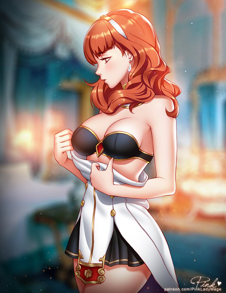 1girls, blurry background, bra, breasts, celica (fire emblem), choker, earrings, female, fire emblem, fire emblem echoes: shadows of valentia, fire emblem gaiden, headband, large breasts, nintendo, orange eyes, orange hair, pinkladymage, red hair, solo, solo female, thighs, undressing