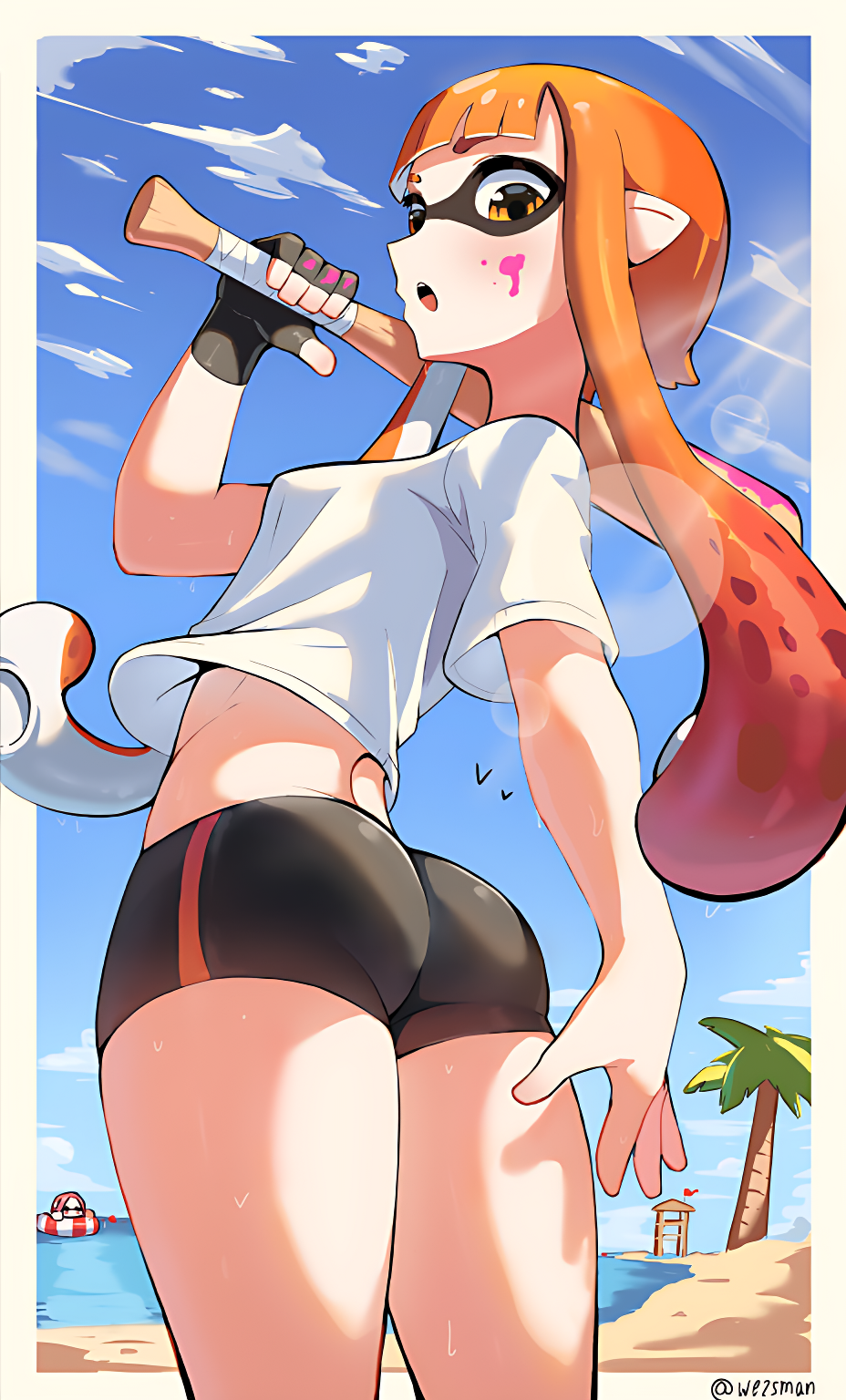 2022 2022s ass baseball_bat beach bike_shorts black_gloves black_shorts blue_sky blunt_bangs border cloud day eyebrows female female_focus female_only fingerless_gloves from_behind gloves highres holding holding_baseball_bat ink inkling inkling_girl inkling_player_character innertube kaori_(splatoon) long_hair looking_back matching_hair/eyes nintendo open_mouth orange_eyes orange_hair outdoors outside_border palm_tree partially_submerged pointy_ears sand see-through see-through_shorts shirt short_shorts short_sleeves shorts single_fingerless_glove sky splatoon splatoon_(series) suction_cups sunlight sweat sweatdrop sweatdrop_on_leg swim_ring t-shirt teeth tentacle_hair thighs tree upper_teeth_only water wersman white_border white_shirt