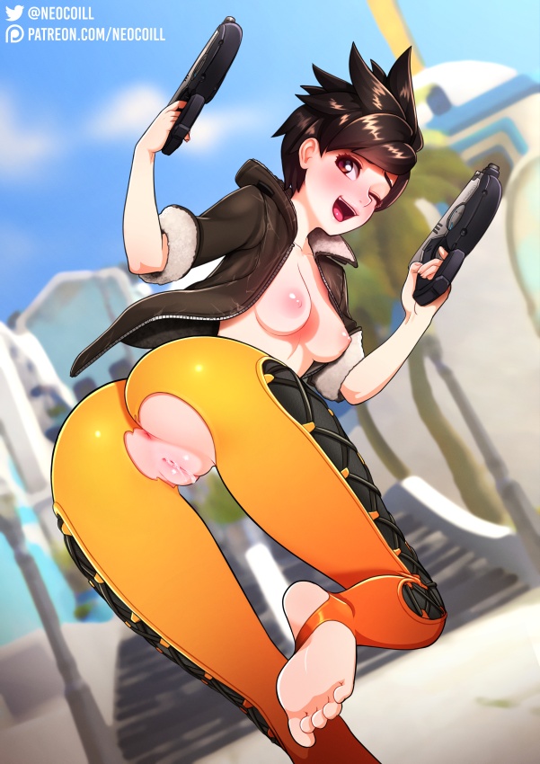 1girls, anus, areolae, artist name, ass, barefoot, big ass, blush, breasts, breasts out, brown eyes, brown hair, cameltoe, casual, crotch, crotch cutout, cutout, excessive pussy juice, feet, female, female only, firearm, from behind, gun, handgun, human, jacket, looking at viewer, looking back, medium breasts, neocoill, nipples, one eye closed, open jacket, open mouth, outdoors, overwatch, pussy, pussy juice, pussy juice drip, pussy juice string, short hair, soles, solo, spiky hair, stirrup legwear, thick thighs, thighs, toeless legwear, toes, torn bodysuit, torn clothes, tracer, weapon, web address, wink